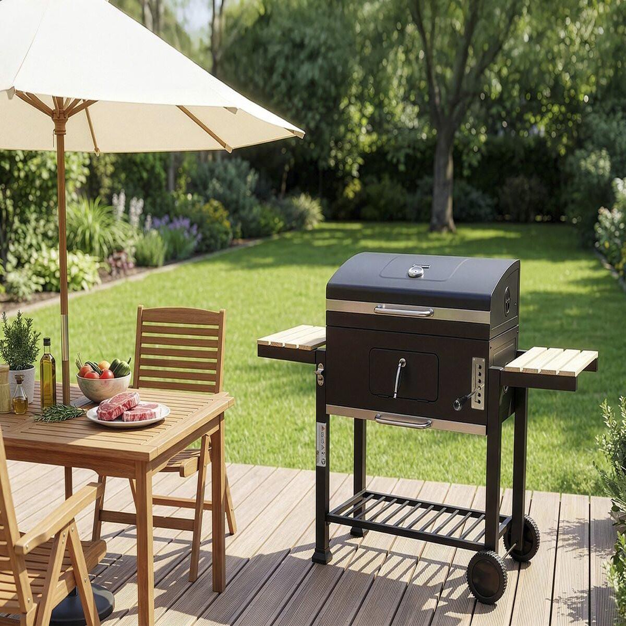Voir la diapositive 2 : Habitat et Jardin Barbecue charbon avec tablettes latérales et grilles réglables  marquis  - noir