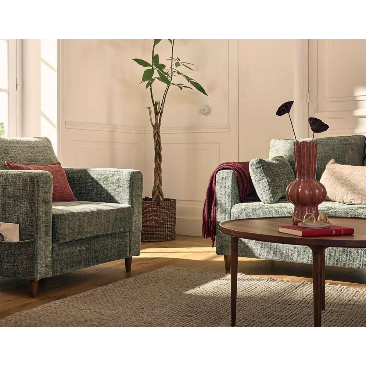 LISA DESIGN Anna - fauteuil avec poche en velours texturé - pieds en bois