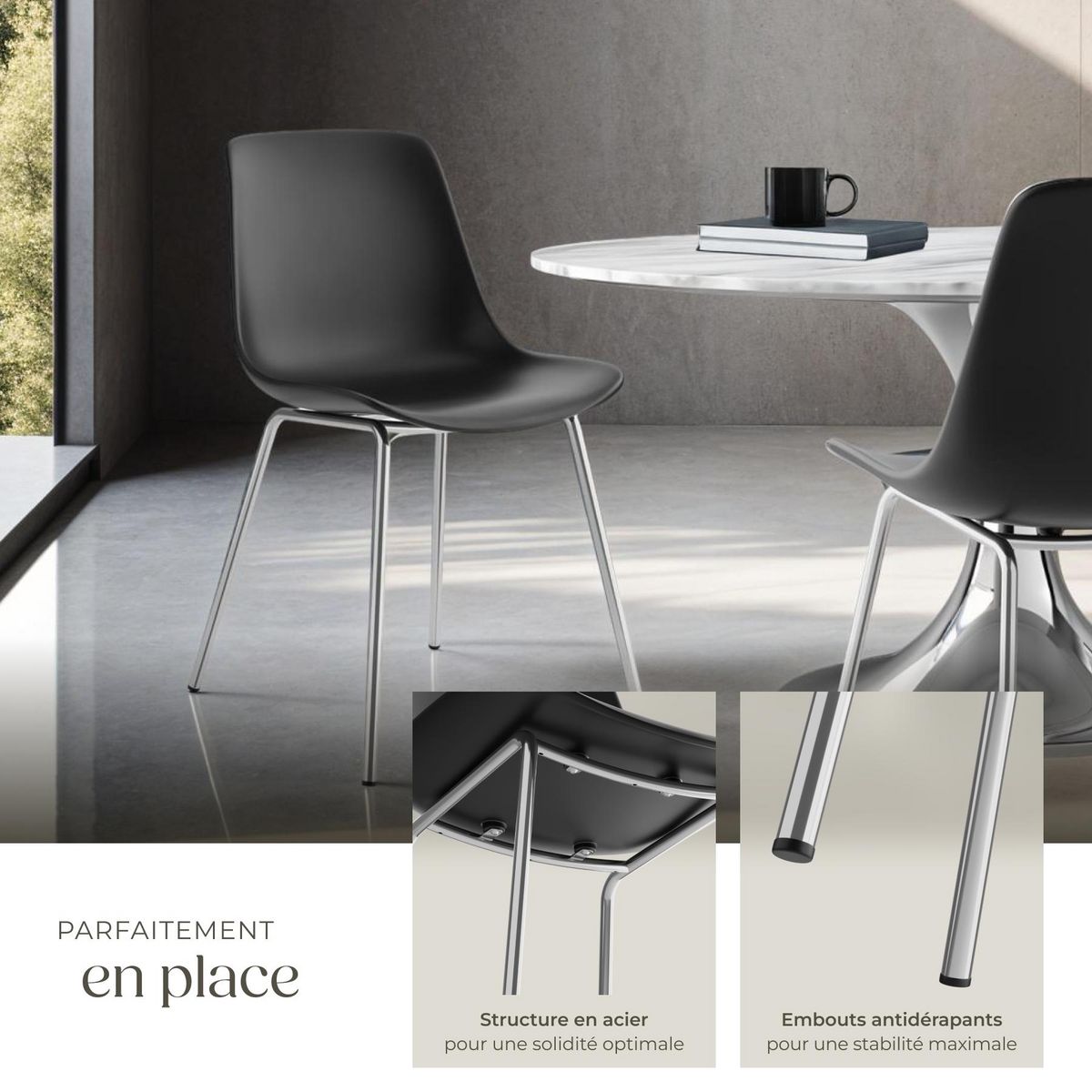 tectake Chaises en plastique grande coupe en plastique noir/gris chrome Lot de 4