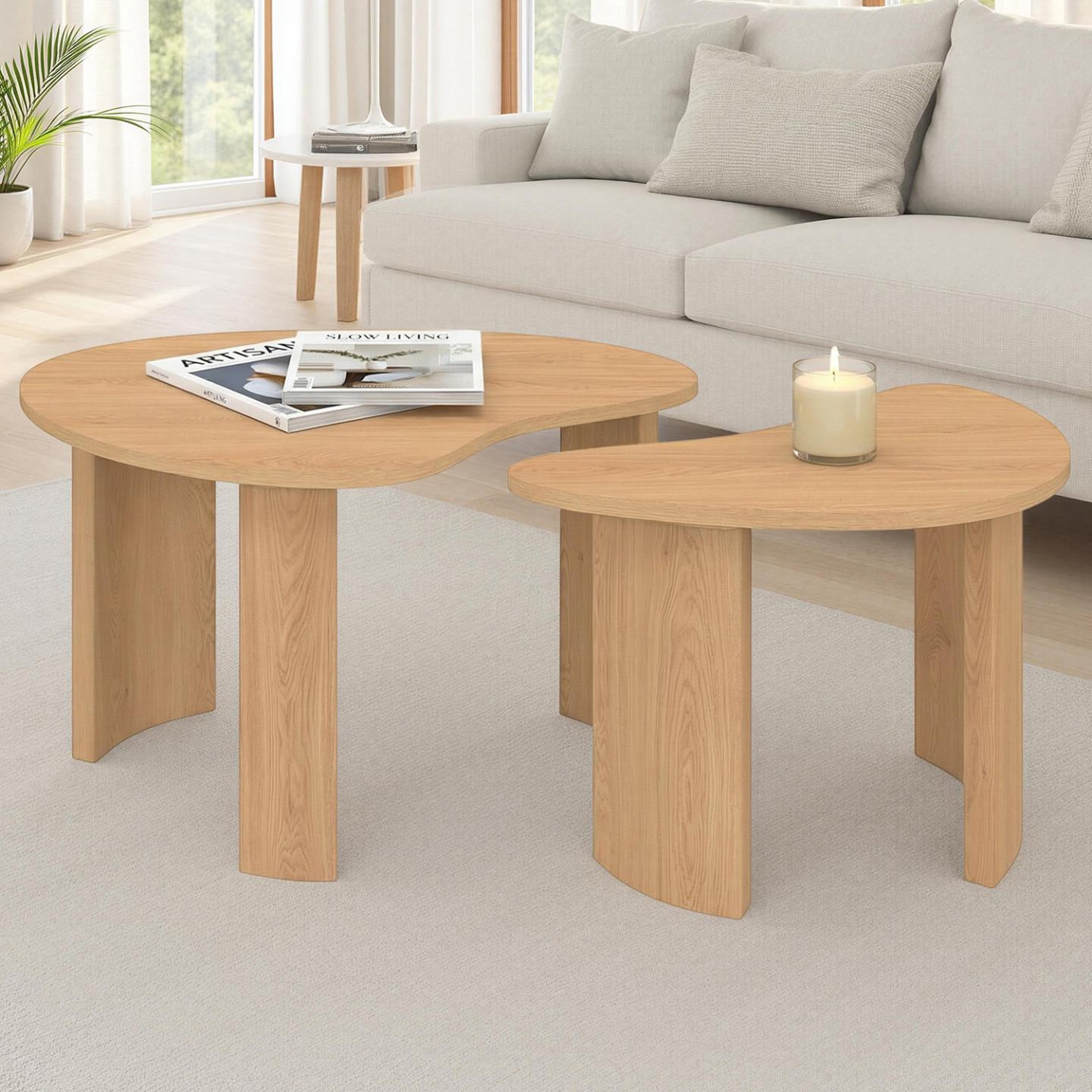 Voir la diapositive 2 : ID MARKET Lot de 2 tables basses gigognes coline 70/50 bois façon hêtre