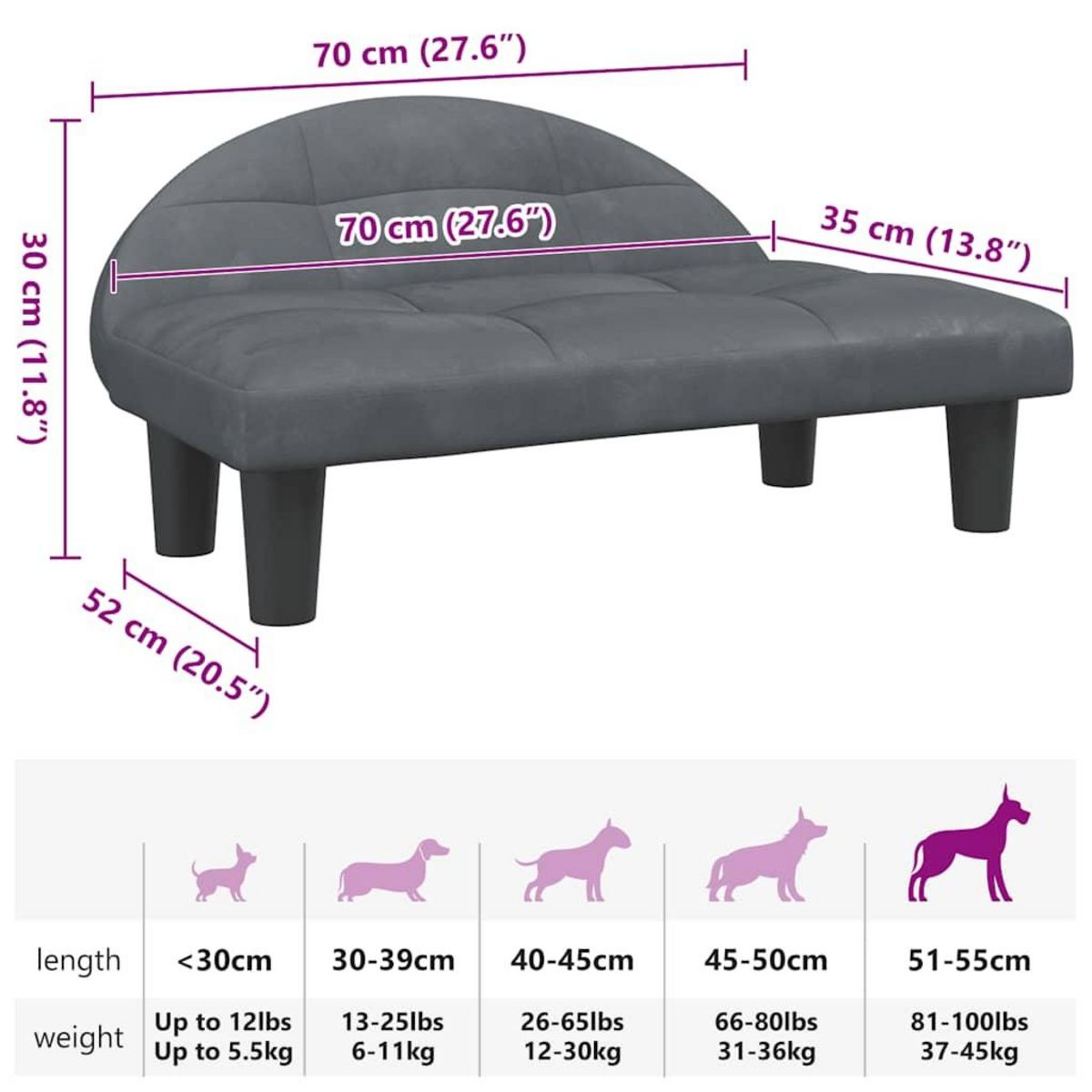 VIDAXL Lit pour chien gris fonce 70x52x30 cm velours