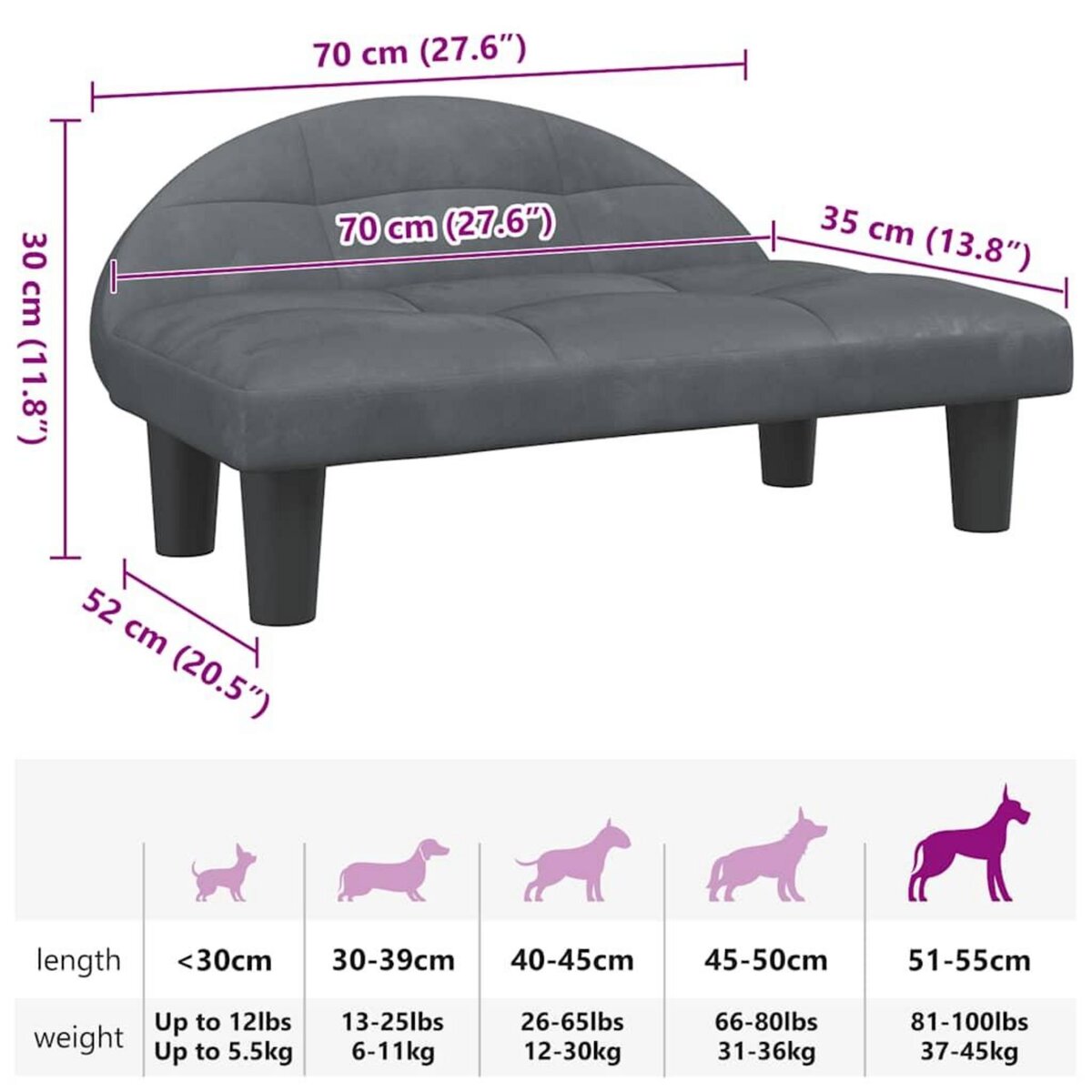 VIDAXL Lit pour chien gris fonce 70x52x30 cm velours
