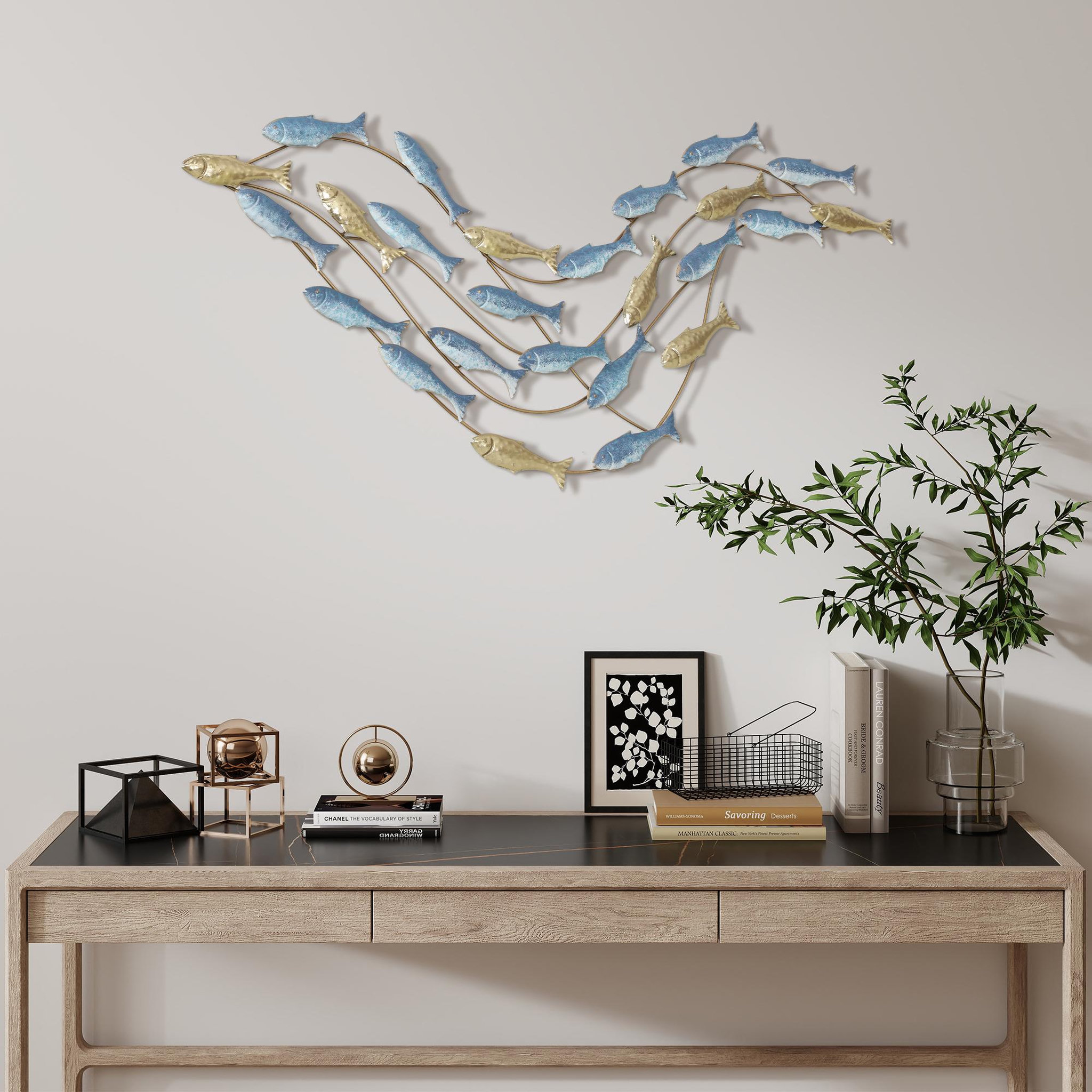Voir la diapositive 4 : HOMCOM Décoration murale métal doré et bleu - Déco murale poissons - 100 x 50 cm