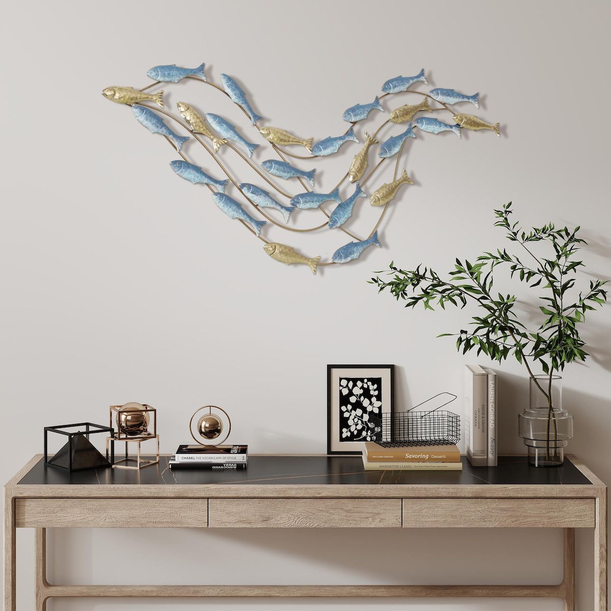 HOMCOM Décoration murale métal doré et bleu - Déco murale poissons - 100 x 50 cm