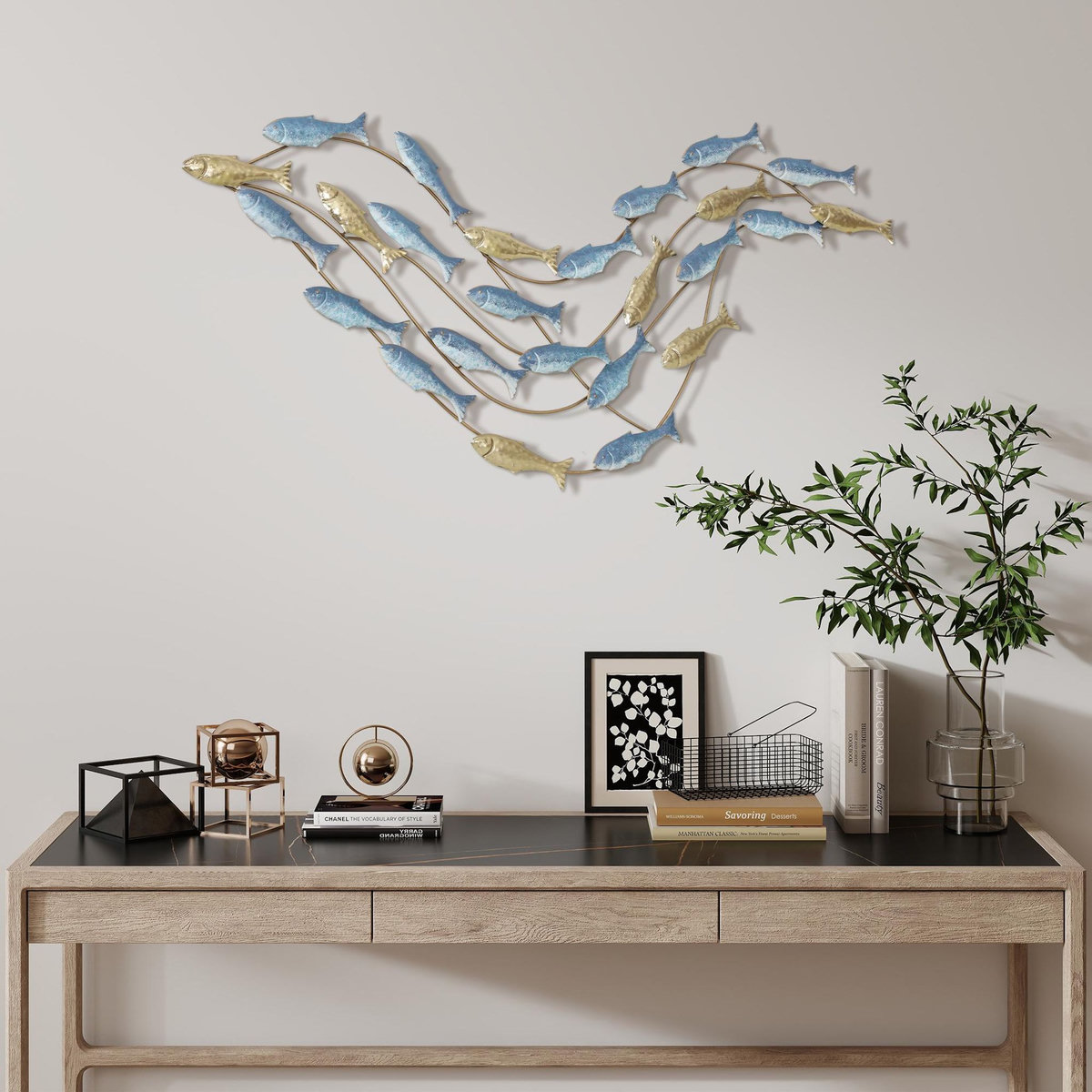 HOMCOM Décoration murale métal doré et bleu - Déco murale poissons - 100 x 50 cm