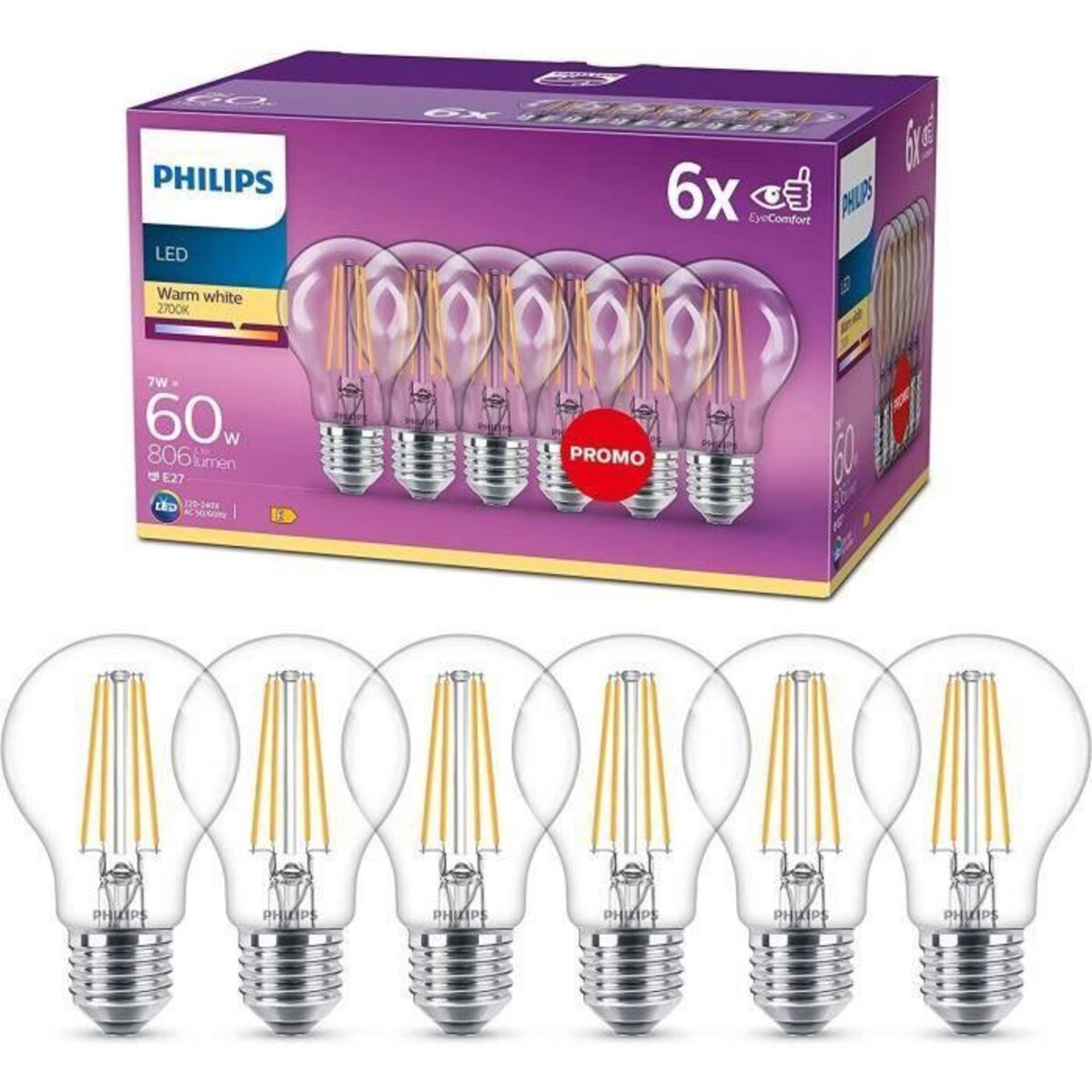 Philips, pack de 6 ampoules E27 LED transparentes 60W, blanc chaud pas