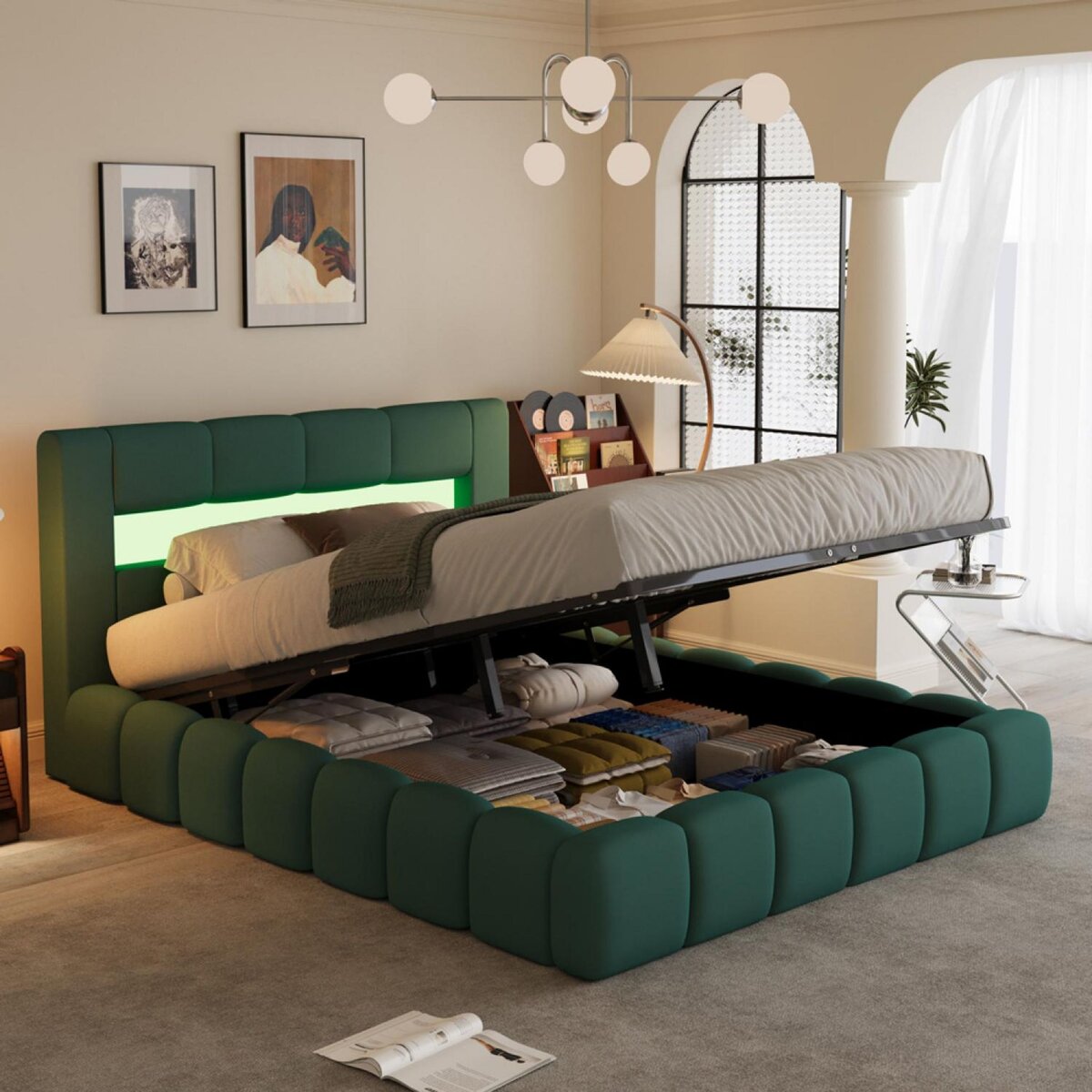 CONCEPT USINE Lit nuage coffre LED 160x200cm velours vert OMAHA