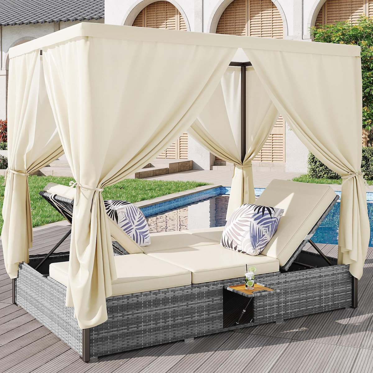 MERAX Bain de soleil en Métal avec auvent, table pliante, pliable, coussins, crème