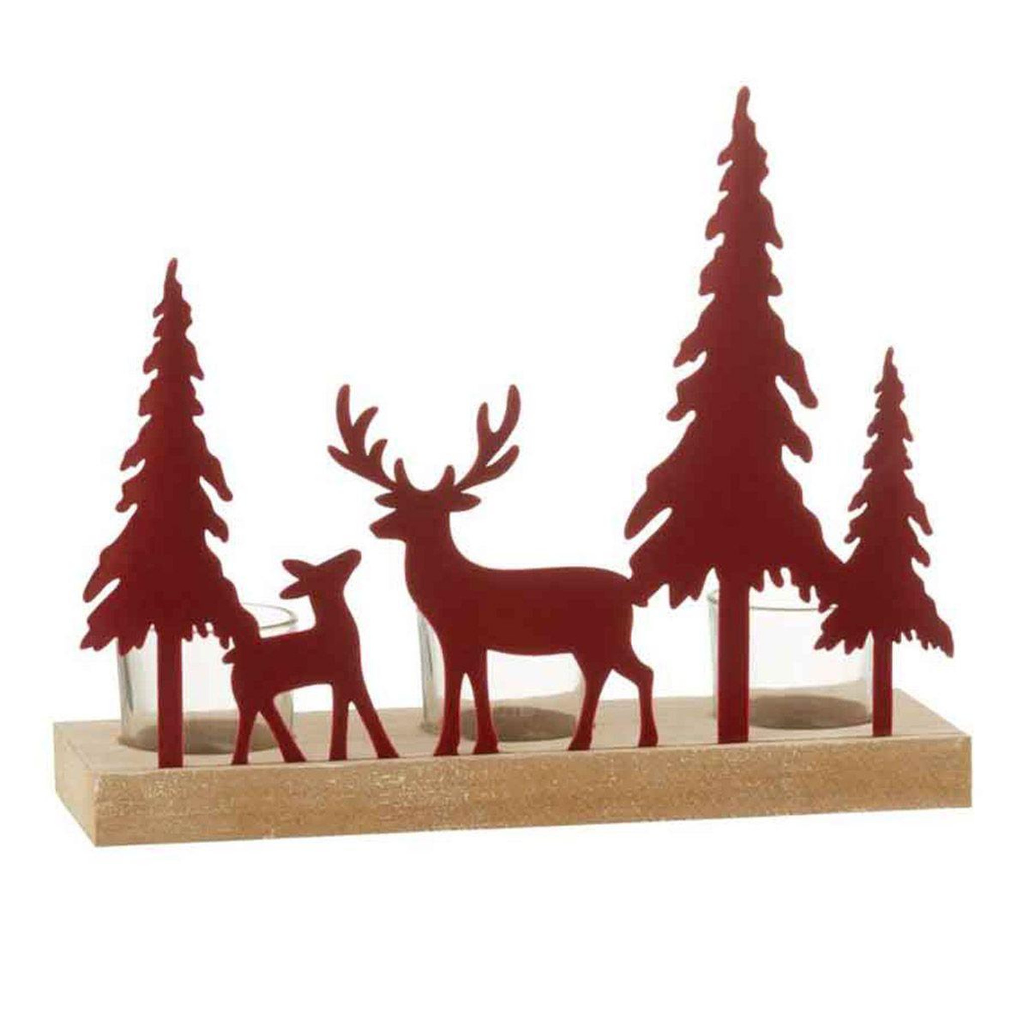 J-LINE Photophore 3 bougies  rennes & sapin  25cm rouge