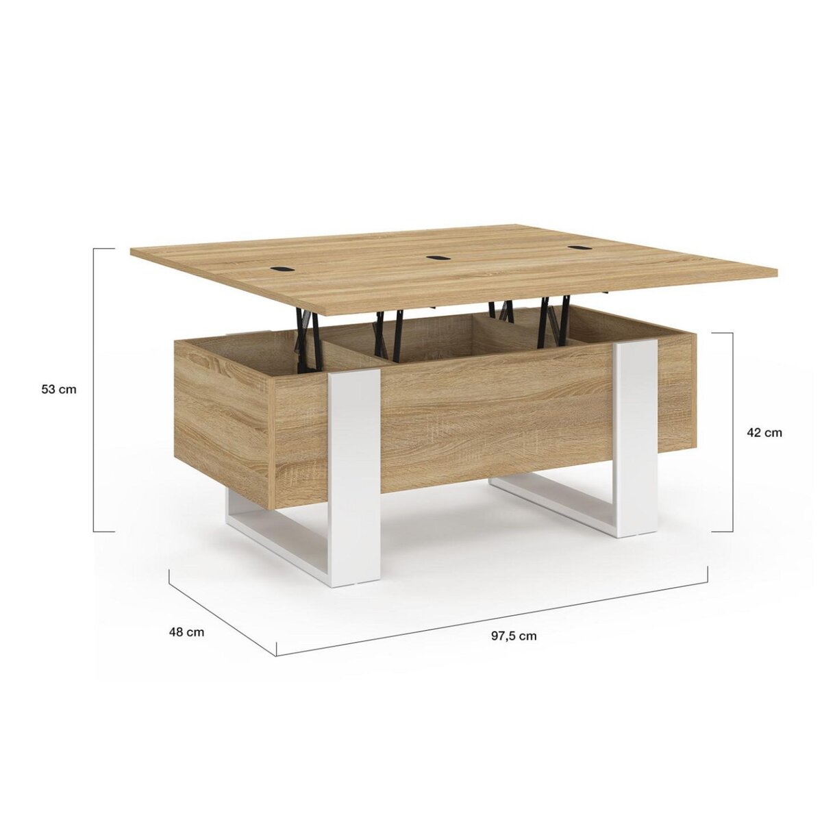 ID MARKET Table basse plateau relevable rectangulaire convertible en table à manger PHOENIX 97,5 cm bois et blanc