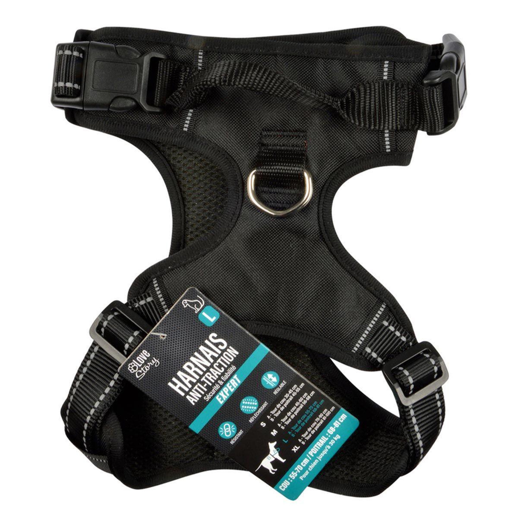 Voir la diapositive 4 : LOVE STORY Harnais anti-traction pour chien  sécurité  81cm noir