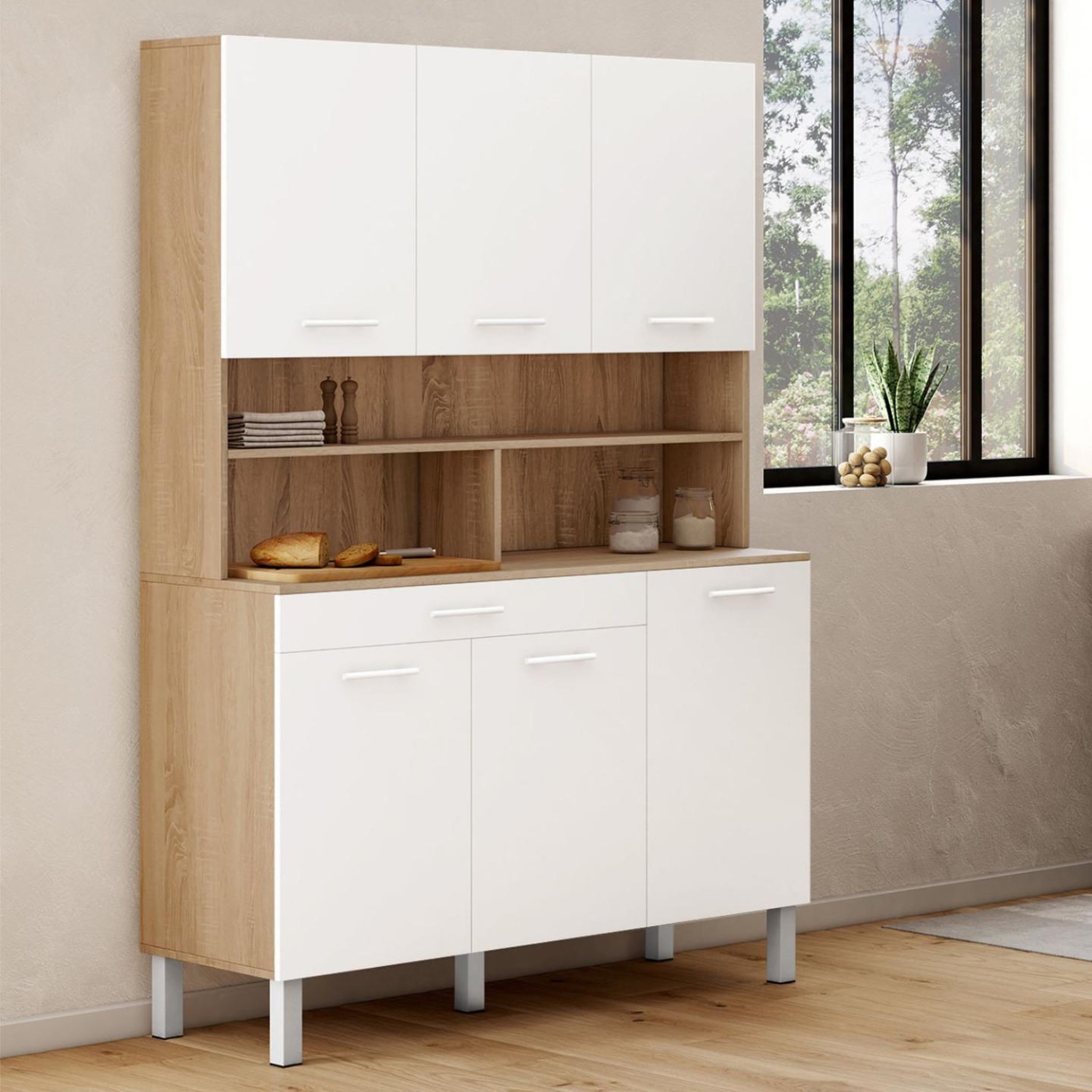 Voir la diapositive 2 : ID MARKET Buffet de cuisine 120 cm cina 6 portes + tiroir façon hêtre et blanc