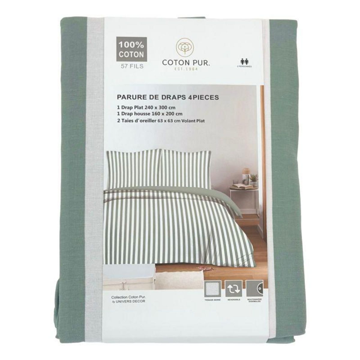 COTON PUR Parure de draps 4 pièces pour lit 160 x 200 cm  Grande largeur  Anatole sauge