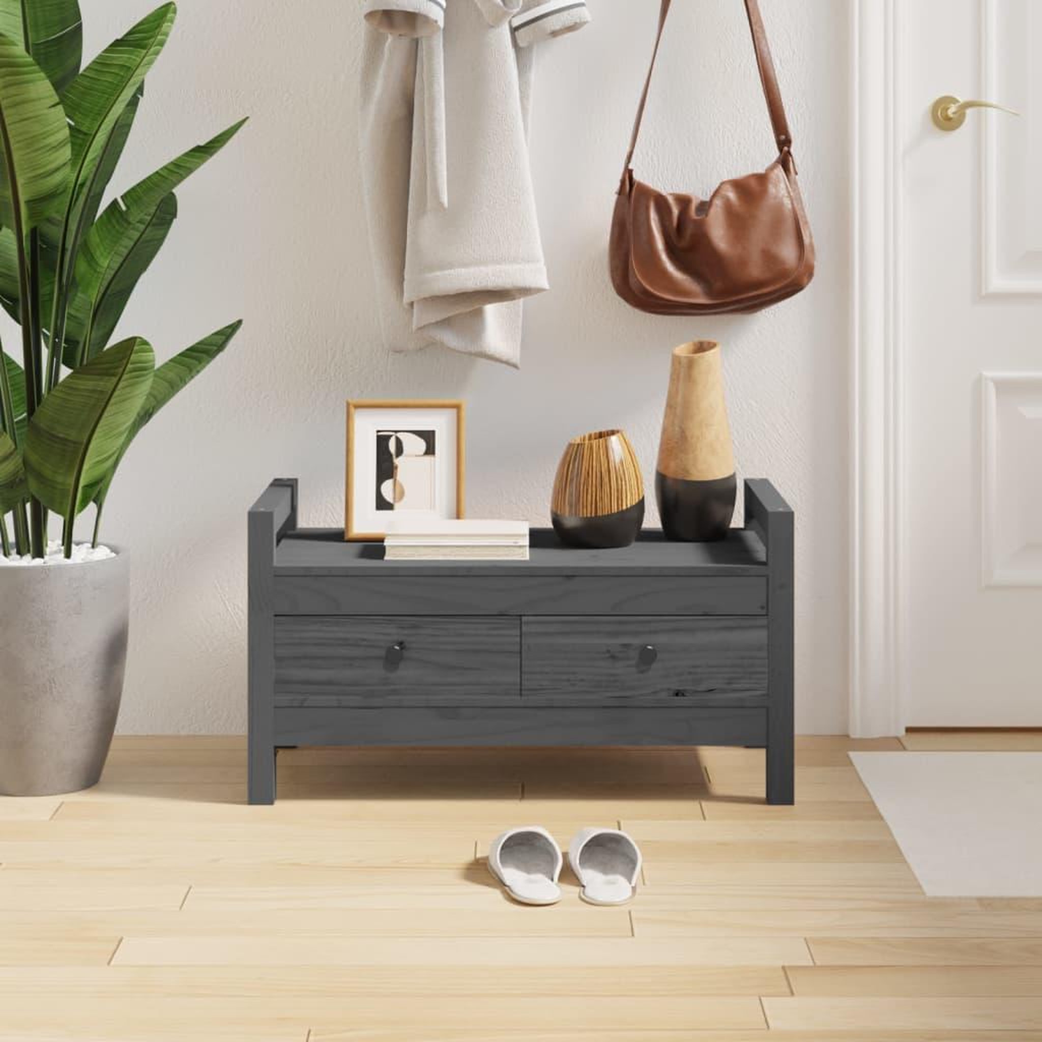 Voir la diapositive 1 : VIDAXL Banc d'entree Gris 80x40x43 cm Bois de pin massif