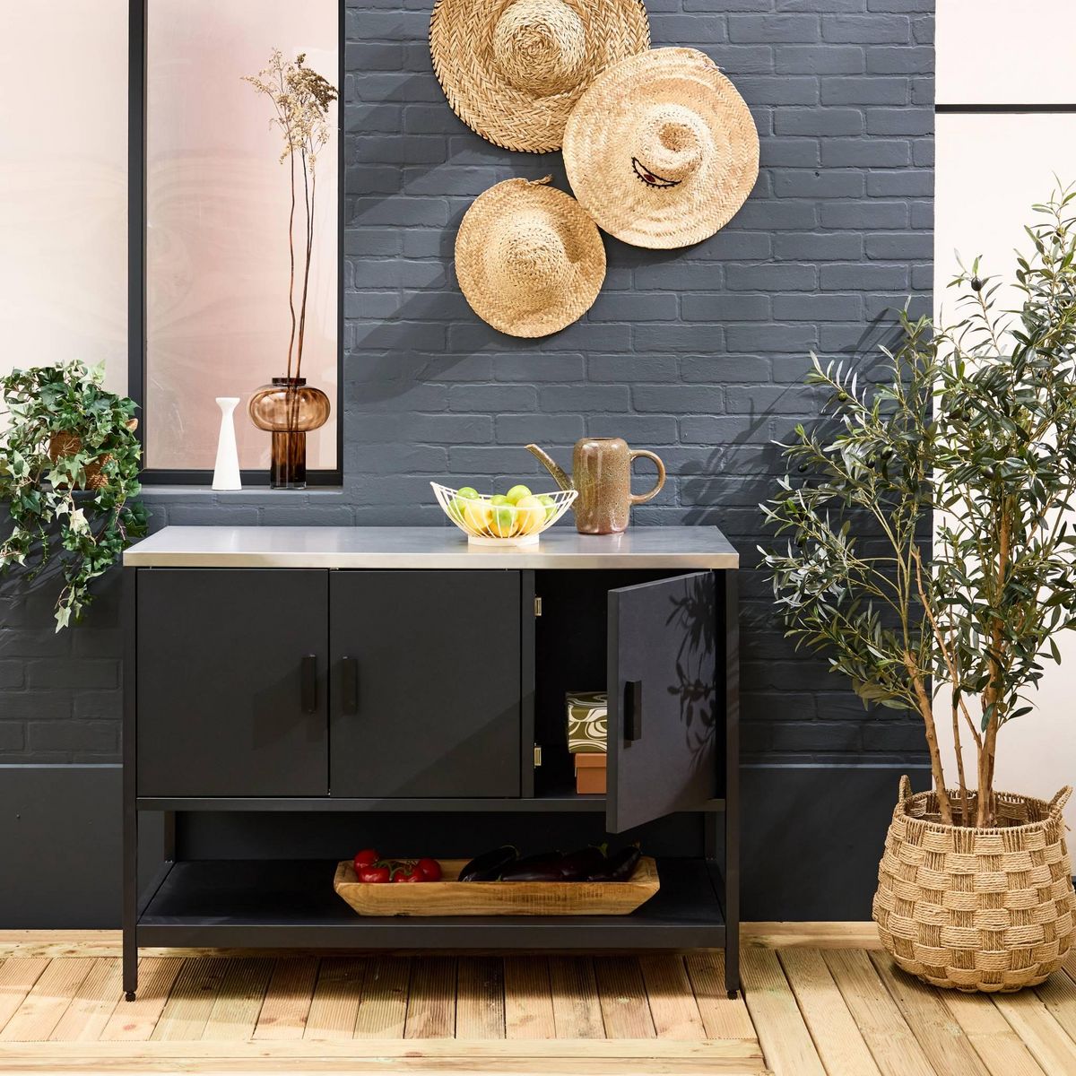 SWEEEK Cuisine extérieure en acier 3 portes,1 étagère L120cm