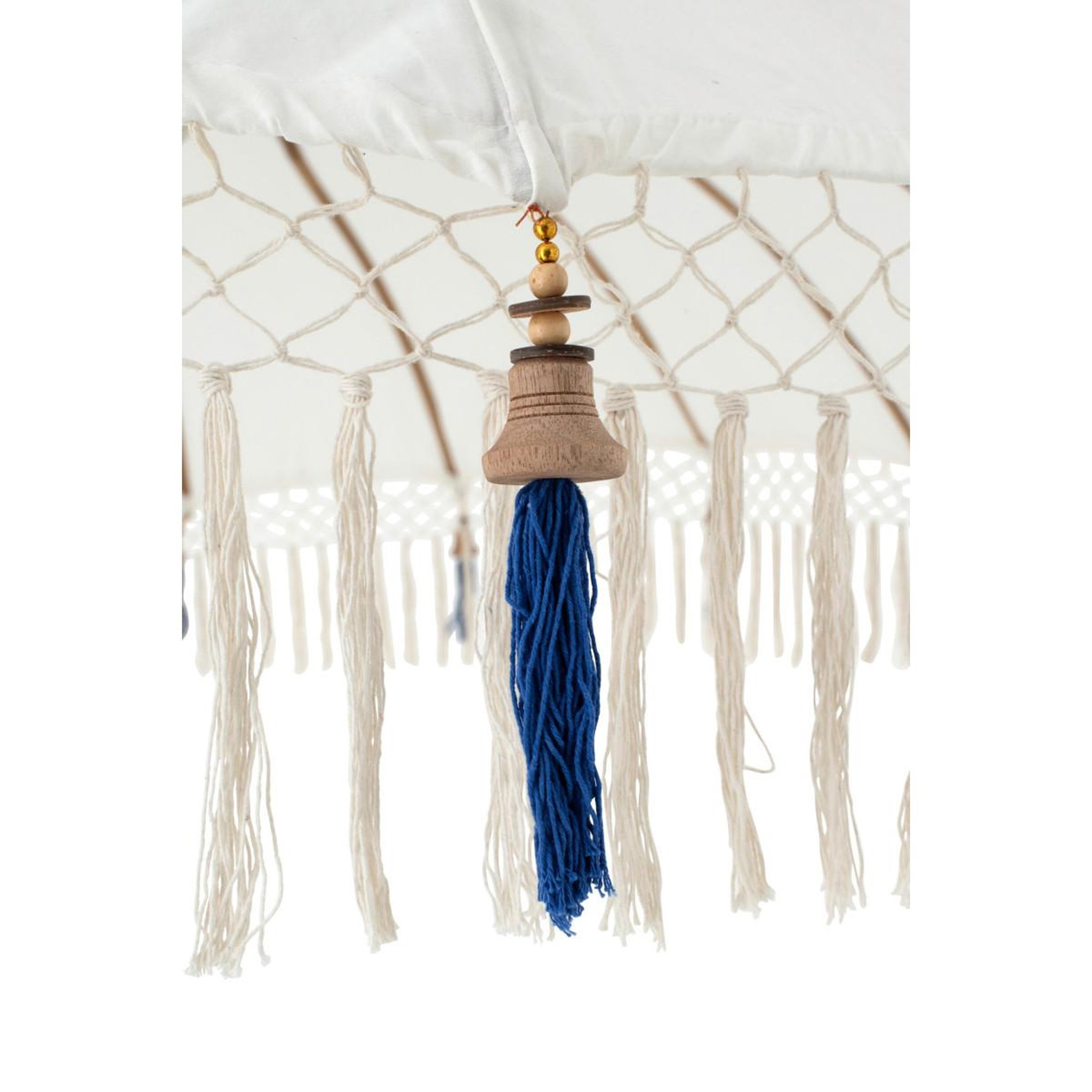 Voir la diapositive 2 : J-LINE Parasol rond à franges  flavie  180cm écru & bleu