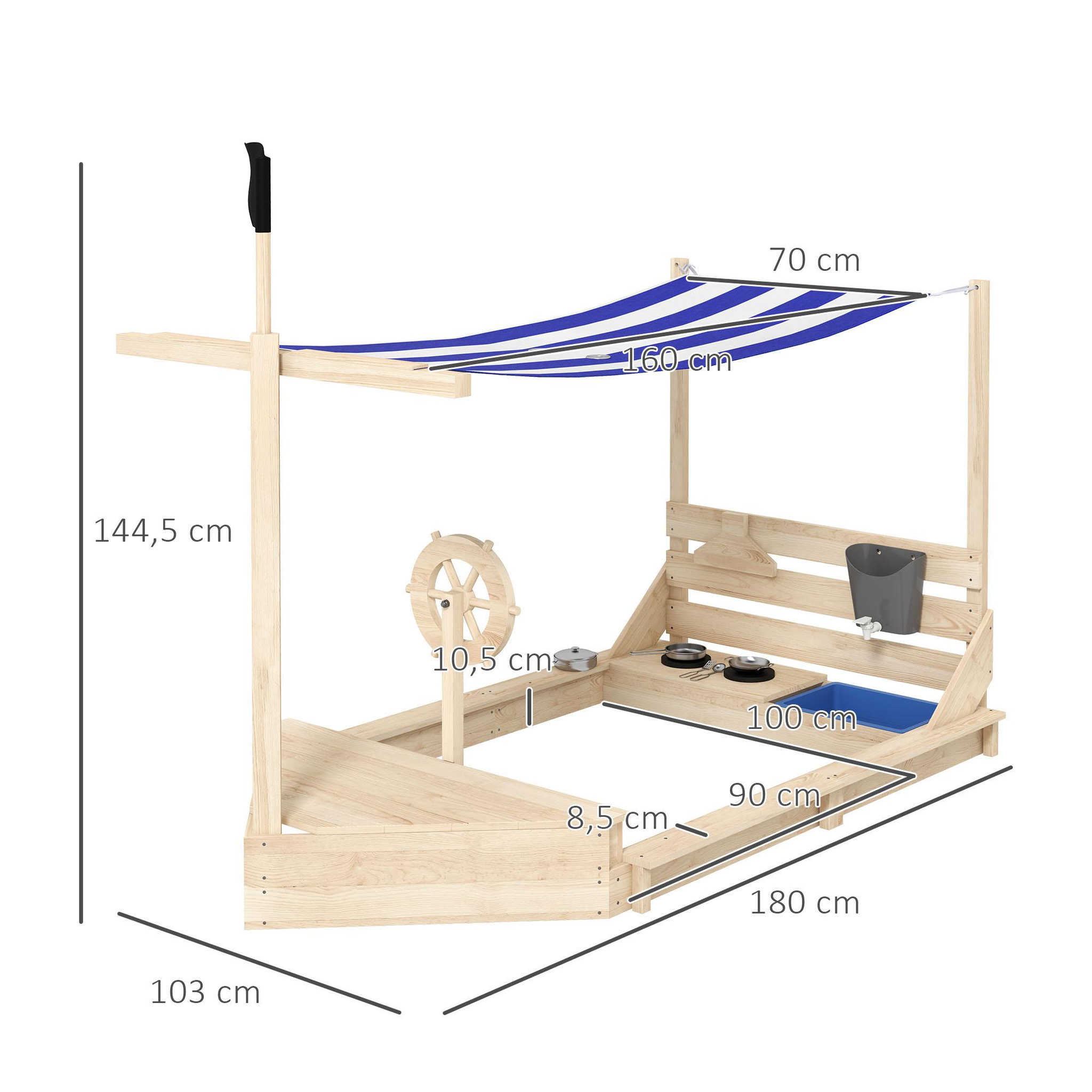 Voir la diapositive 3 : OUTSUNNY Bac à sable bateau de pirate en bois avec jeu de cuisine et 6 accessoires