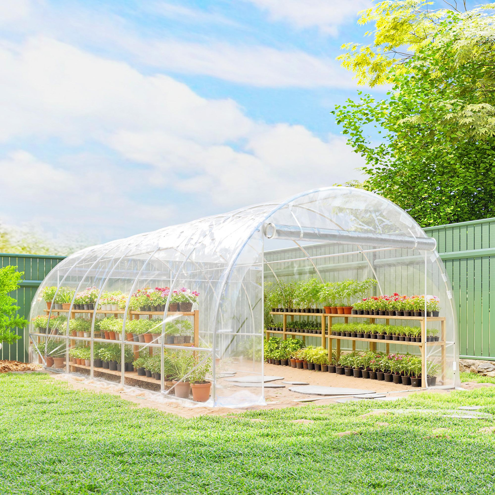 Voir la diapositive 2 : OUTSUNNY Serre tunnel de jardin 18 m² - 2 grandes portes enroulables - acier galvanisé bâche transparente