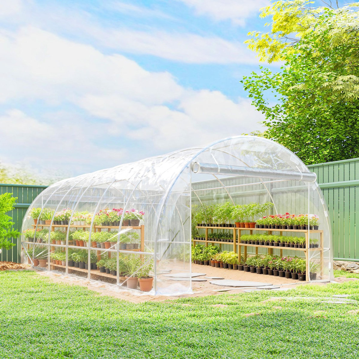 OUTSUNNY Serre tunnel de jardin 18 m² - 2 grandes portes enroulables - acier galvanisé bâche transparente