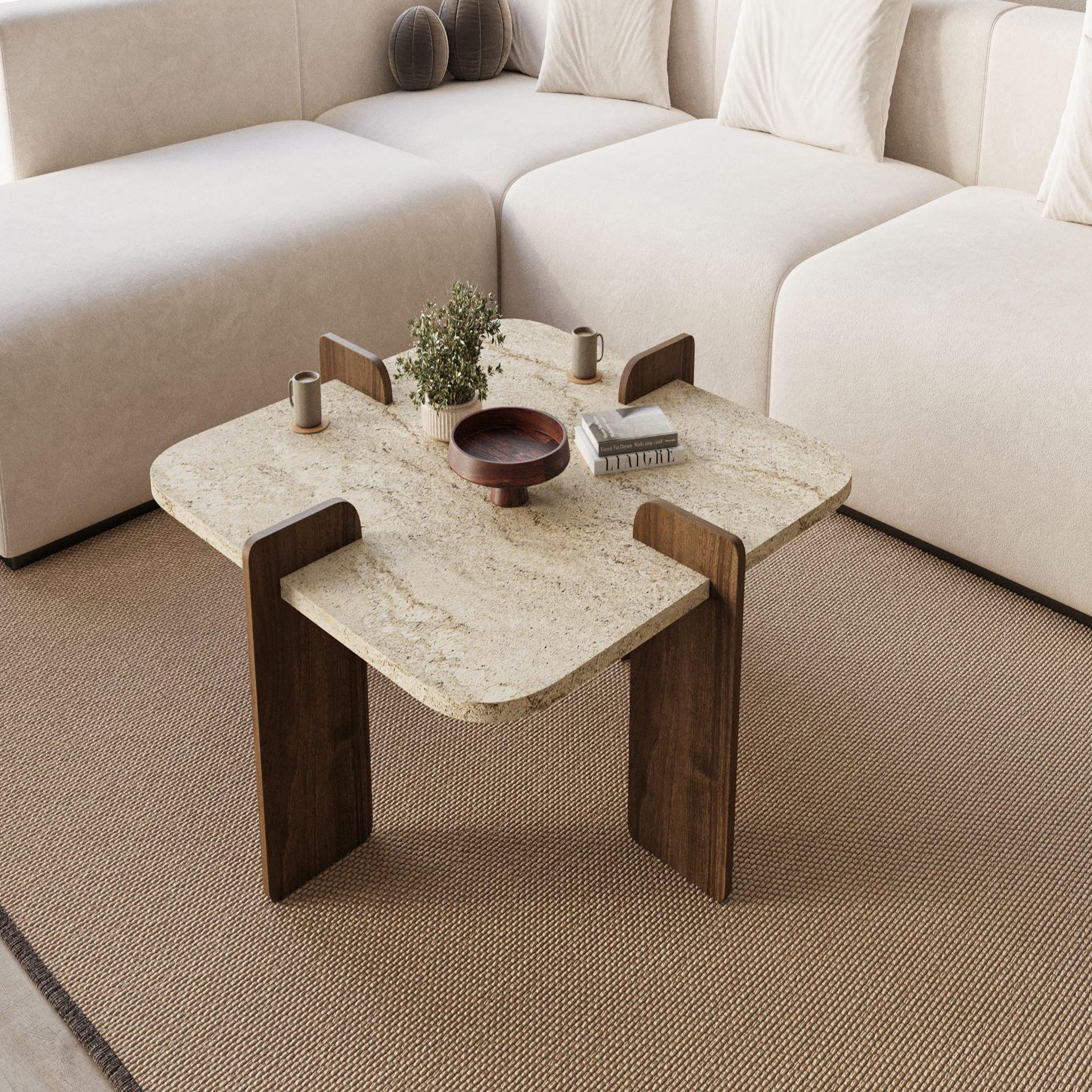 Voir la diapositive 2 : Habitat et Jardin Table basse en bois  poalla  - 90 x 90 x 35 cm - travertin