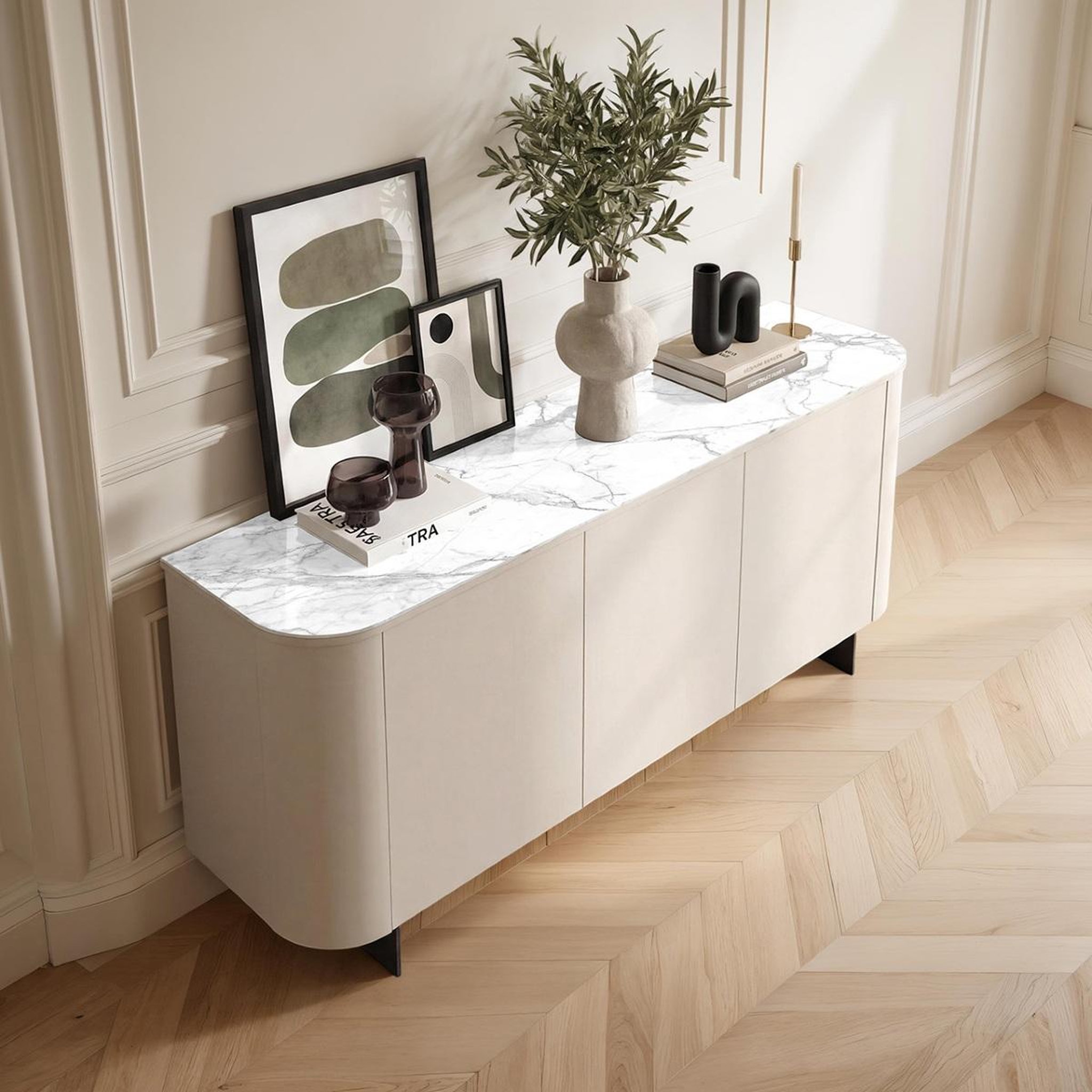 Voir la diapositive 2 : JLC KREATION Buffet 3 portes beige et décor marbre blanc 180cm isabela