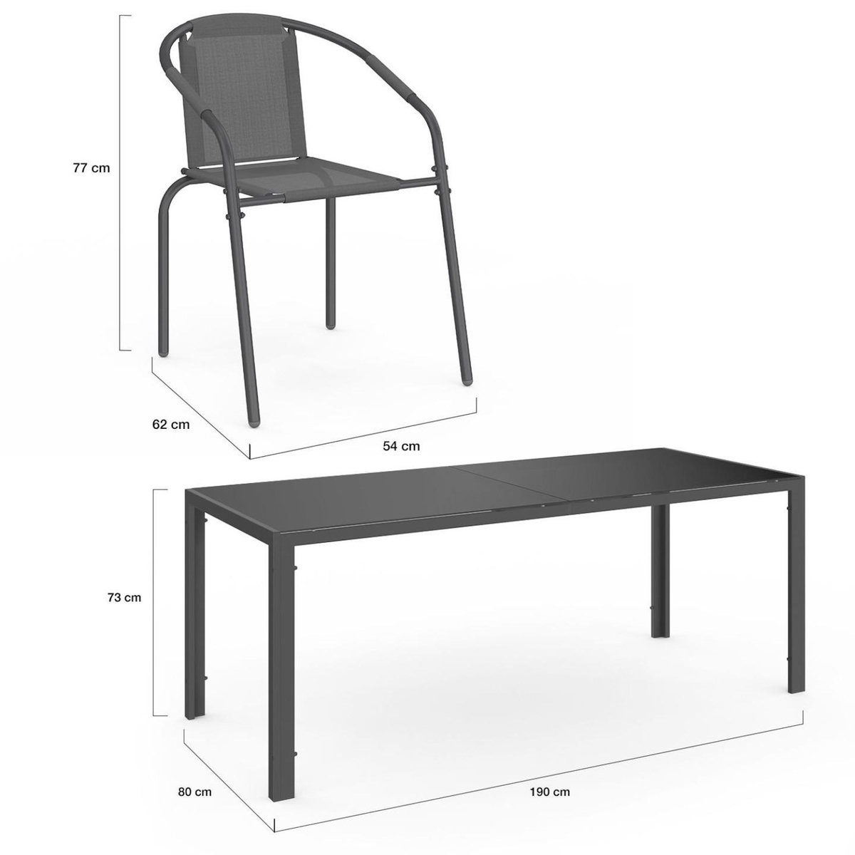 ID MARKET Salon de jardin THELMA table 190 CM et 8 chaises empilables gris anthracite