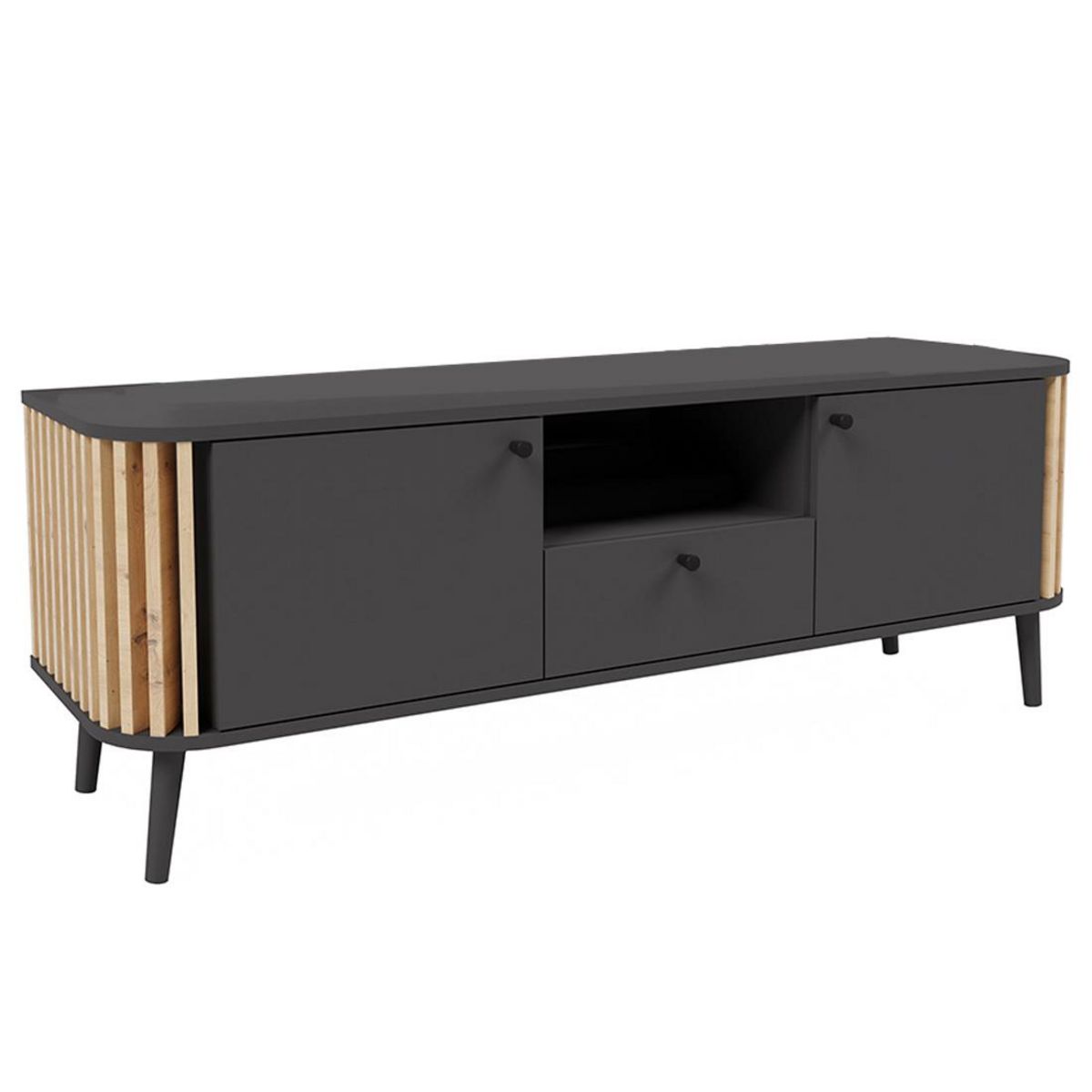 BEST MOBILIER Camberwell - meuble tv - gris et effet bois - 2 portes, 1 tiroir et 1 niche - 138 cm