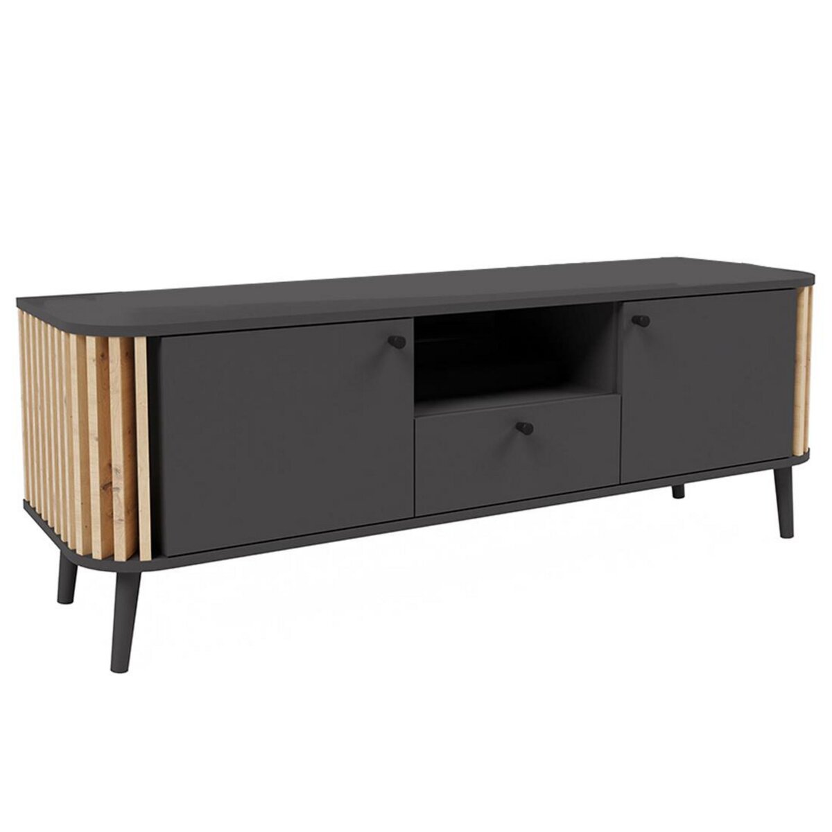BEST MOBILIER Camberwell - meuble tv - gris et effet bois - 2 portes, 1 tiroir et 1 niche - 138 cm