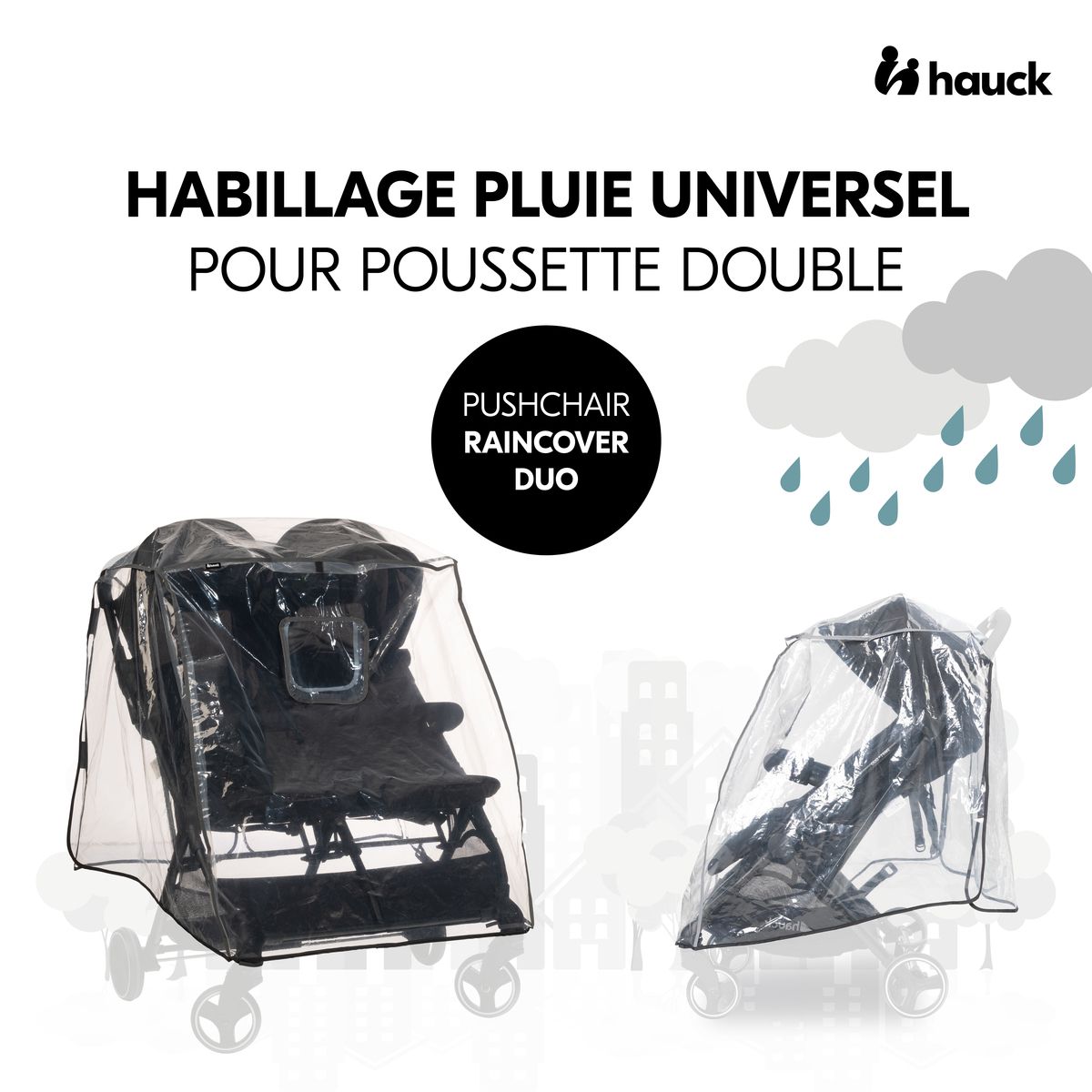 HAUCK Poussette double Uptown Duo Noir + Habillage pluie pour poussette Pushchair Raincover Duo
