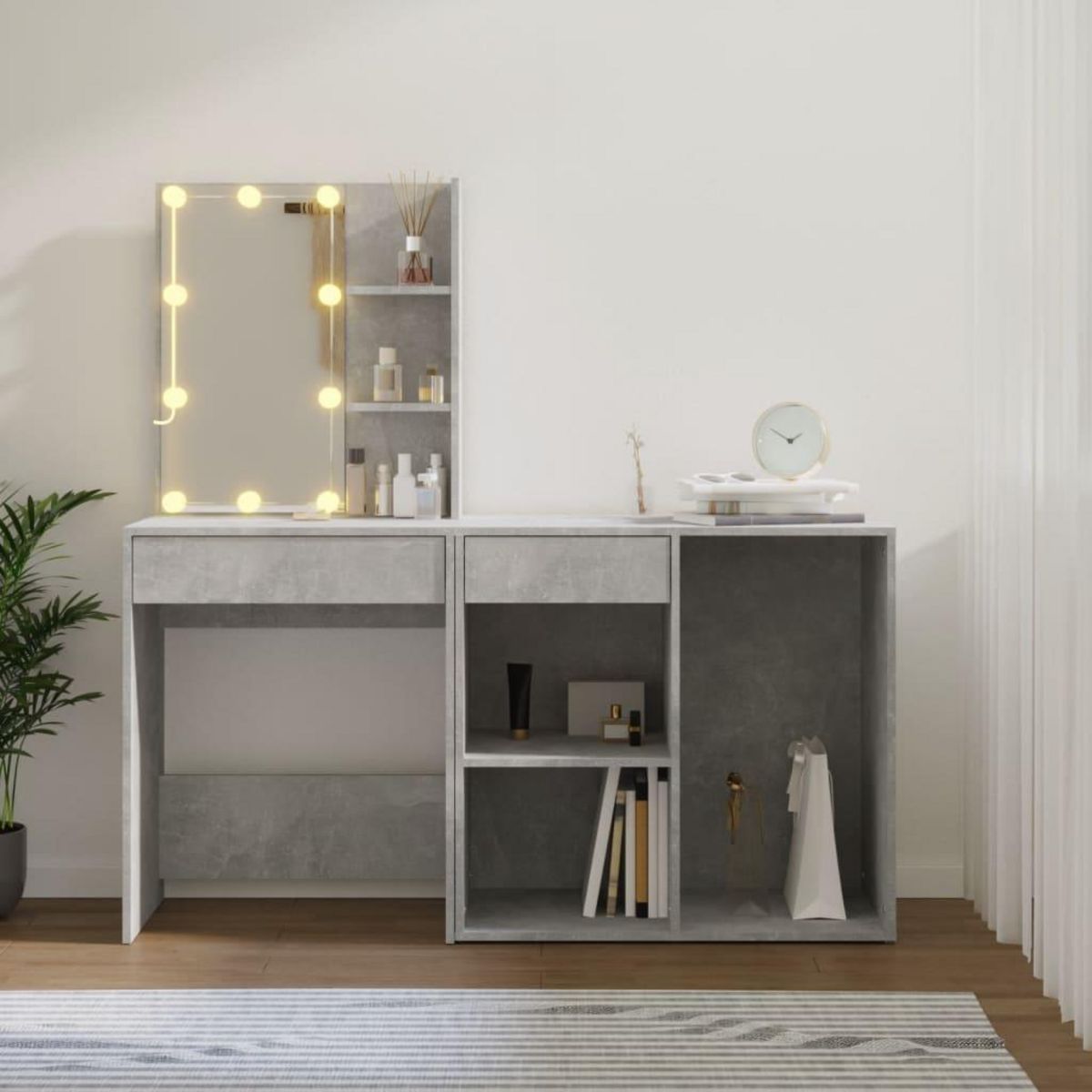 VIDAXL Coiffeuse a LED avec armoire Gris beton Bois d'ingenierie