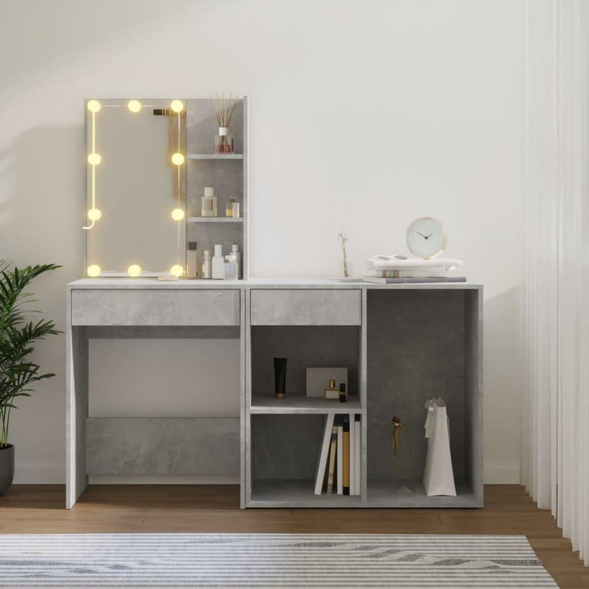 VIDAXL Coiffeuse a LED avec armoire Gris beton Bois d'ingenierie