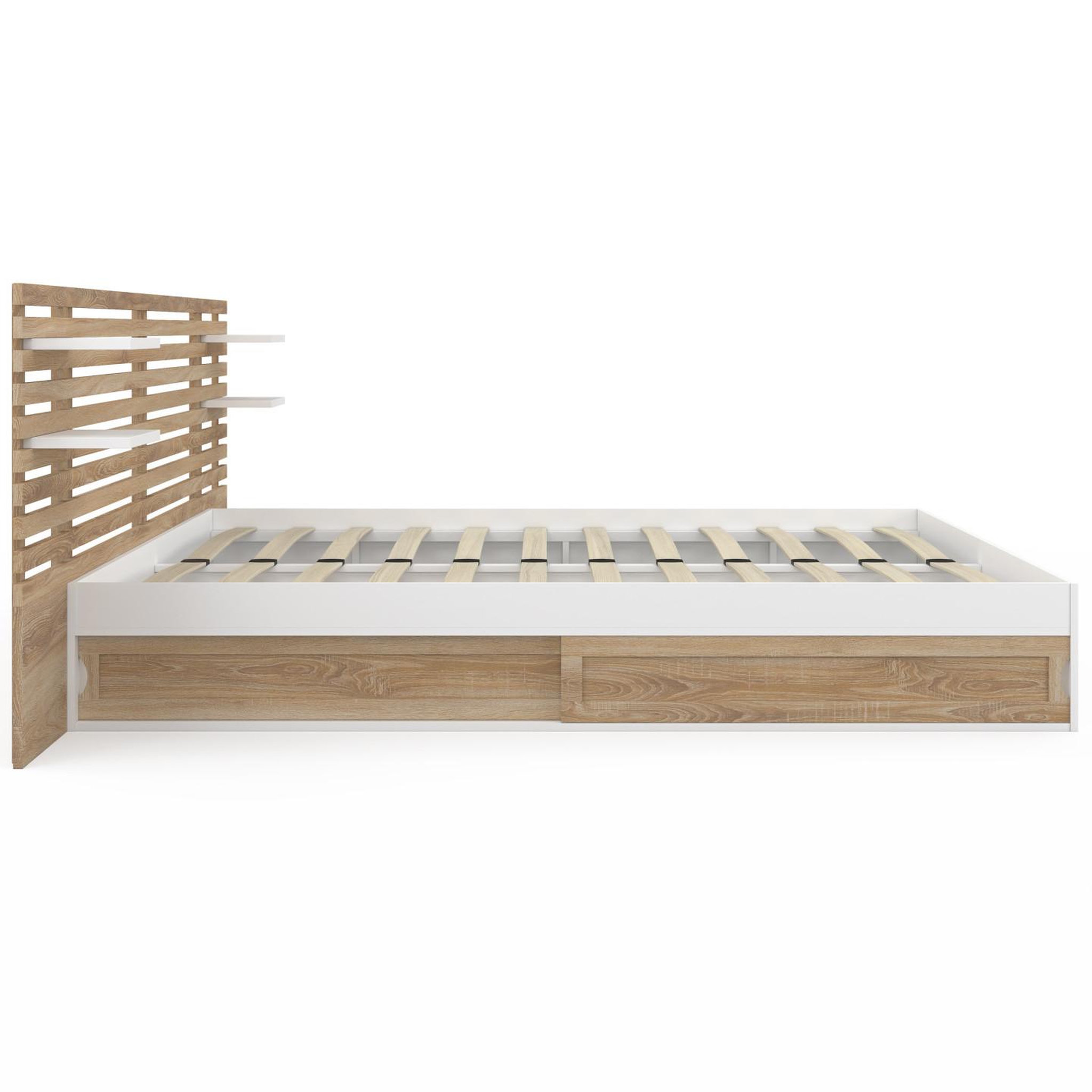 Voir la diapositive 6 : ID MARKET Lit double savana avec tête de lit, chevets, rangements et sommier 180 x 200 cm façon hêtre et blanc