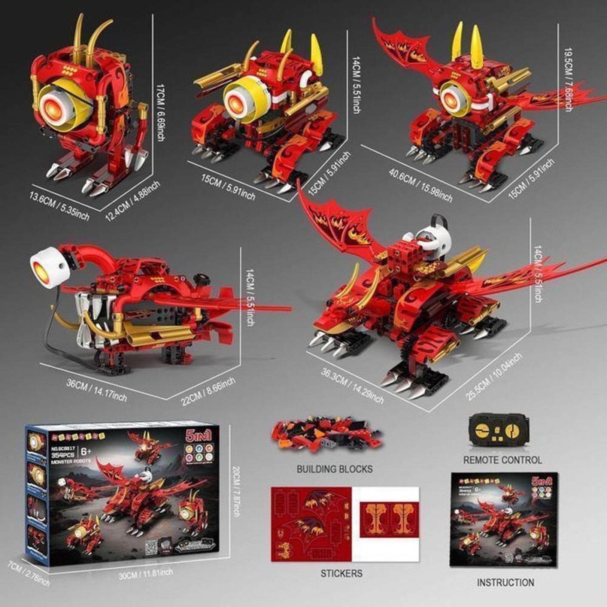 Voir la diapositive 6 : Robot Dragon RC 5-en-1 à construire, 354 pièces, yeux LED 6 couleurs, commande 2,4 GHz et app