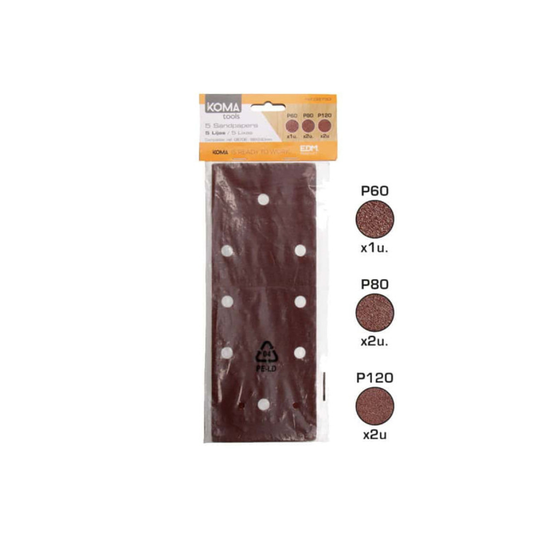 Voir la diapositive 2 :  5 papiers de verre KOMA - pour ponceuse vibrante 08706 - 08733