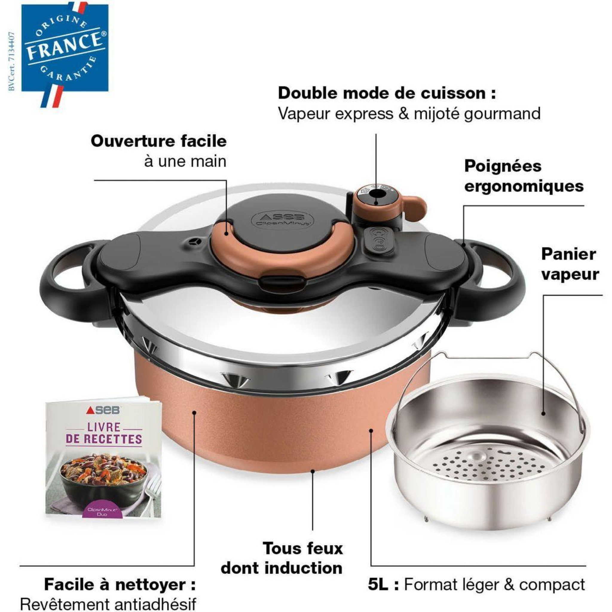 Voir la diapositive 3 : SEB Autocuiseur clipsominut duo copper 5l p4705101