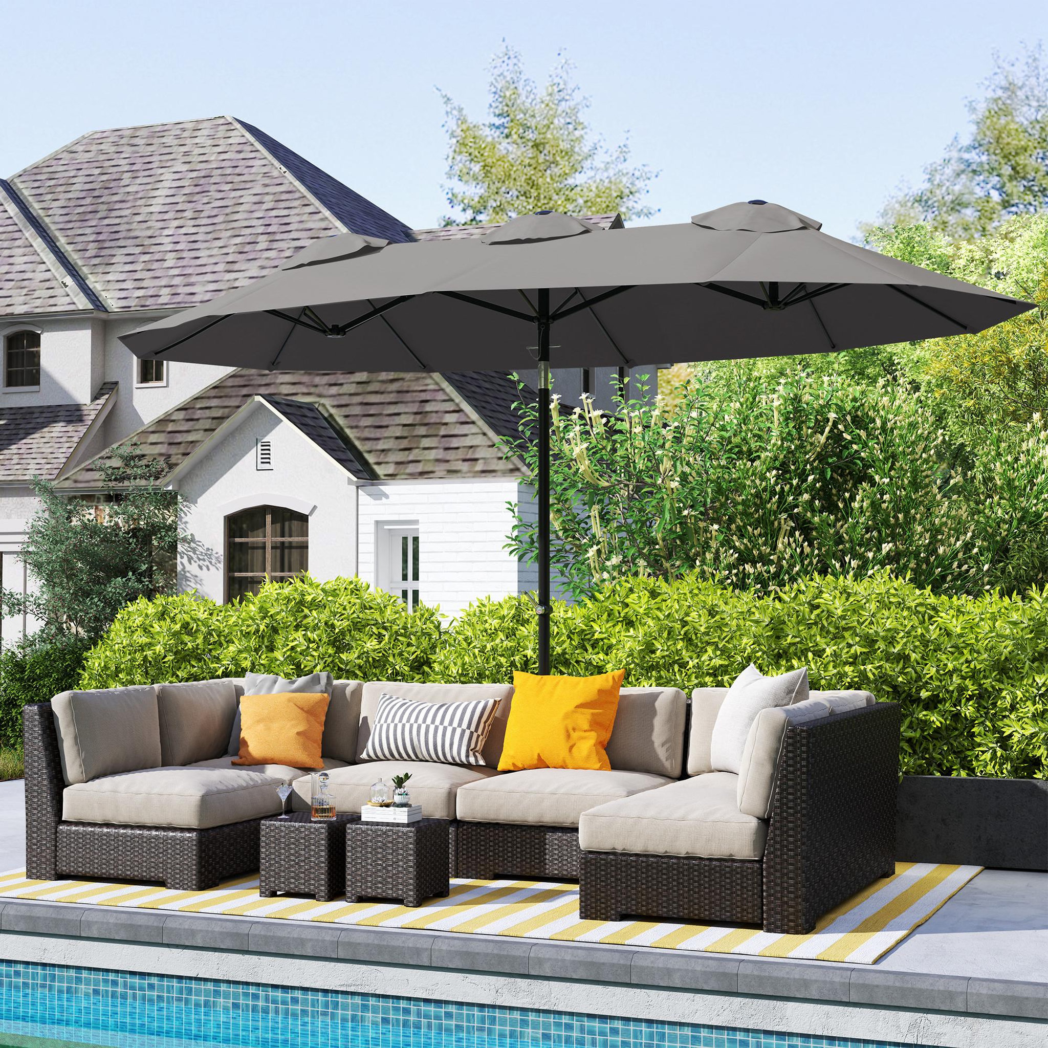 Voir la diapositive 2 : OUTSUNNY Parasol de jardin inclinable grande taille ouverture fermeture manivelle acier polyester haute densité gris