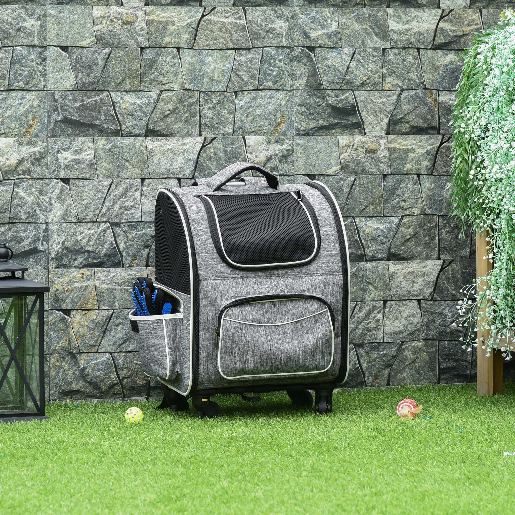 Voir la diapositive 2 : PAWHUT 2 en 1 trolley chariot sac à dos sac de transport à roulettes pour chien chat gris
