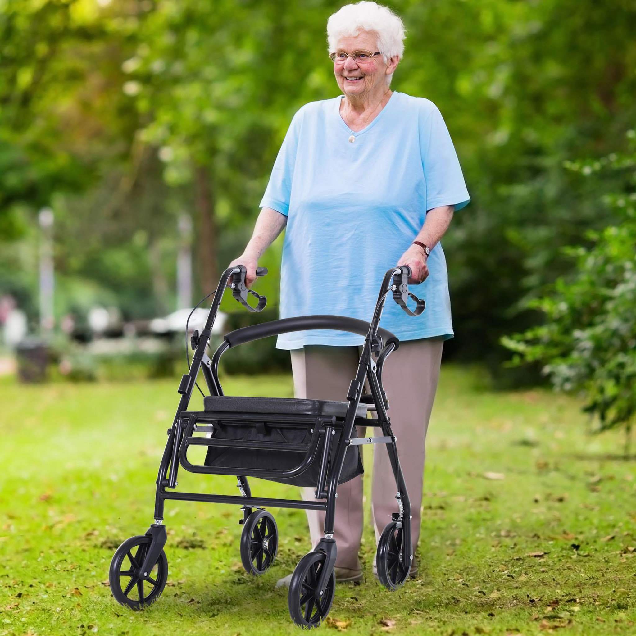 Voir la diapositive 2 : HOMCOM HOMCOM Déambulateur 4 roues - déambulateur pliable léger - assise + dossier rembourré  - poignées ergonomiques, freins à main - panier rangement - cale-pied - métal noir