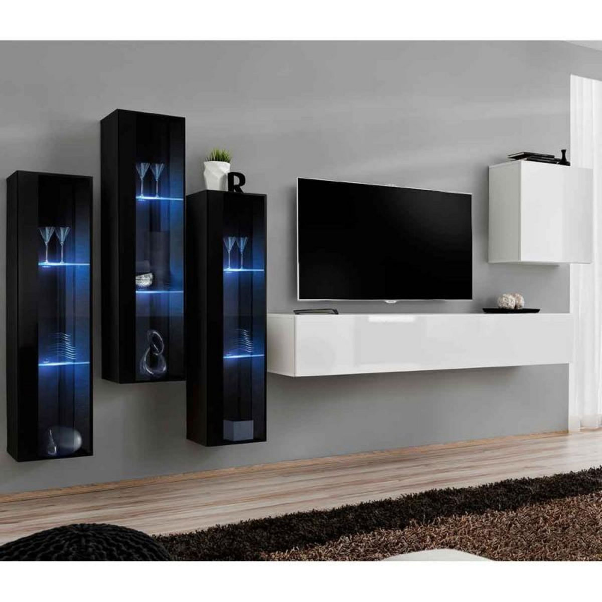 Paris Prix Meuble TV Mural Design  Switch XIII  330cm Blanc & Noir