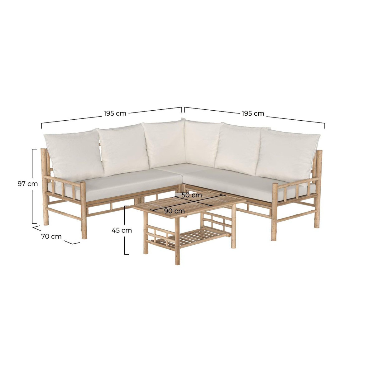 Rendez vous déco Salon de jardin blanc en bambou avec canapé d'angle et table basse-Vadella