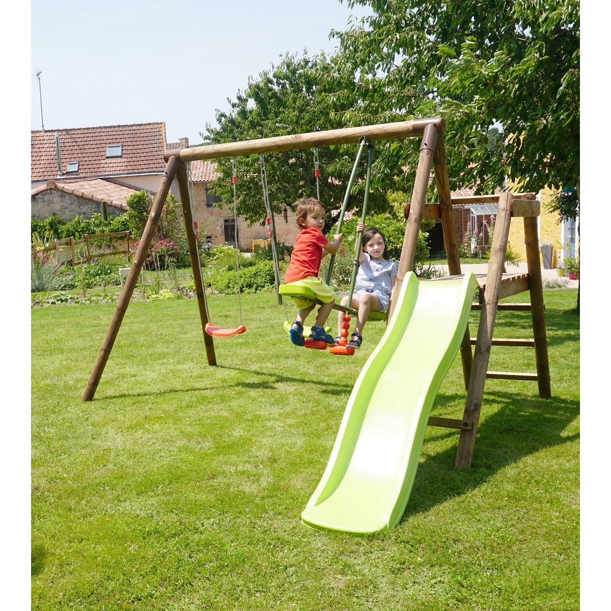 Soulet Portique balançoire avec toboggan - Bois - H1,95m - FIGUE 