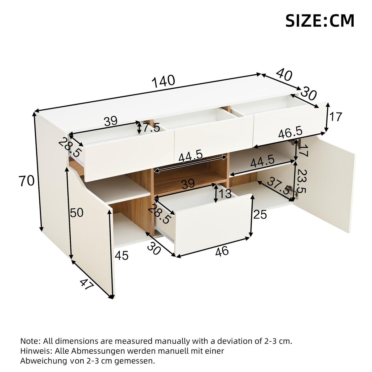 MERAX Buffet 2 porte(s) 4 tiroir(s) - 140 cm blanc led panneau de particules