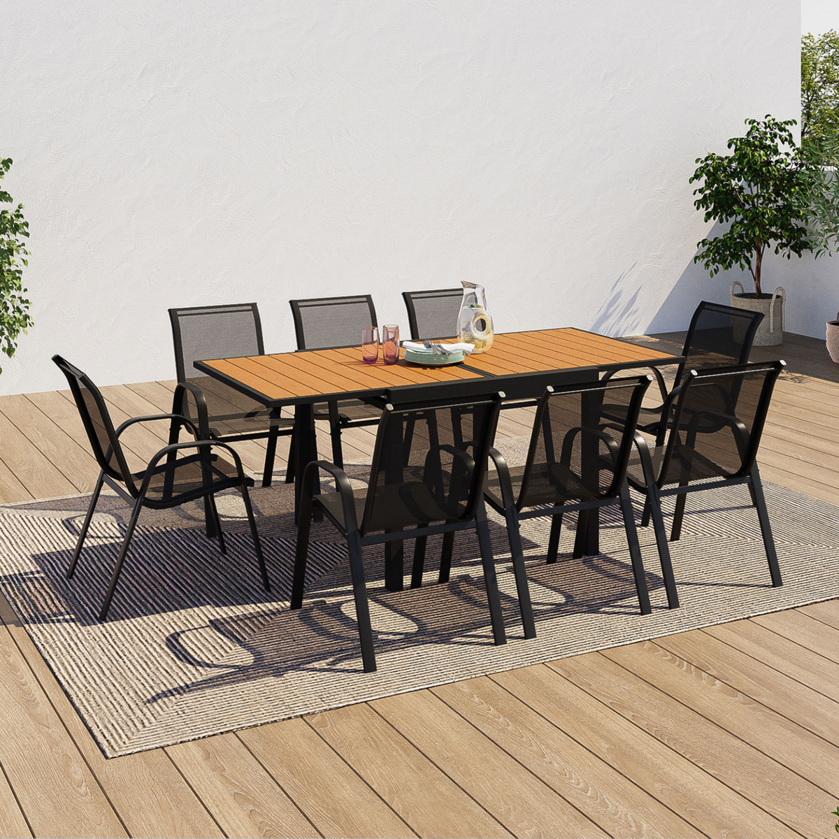 ID MARKET Salon de jardin POLY extensible table 90-180 CM et 8 chaises bois et noir