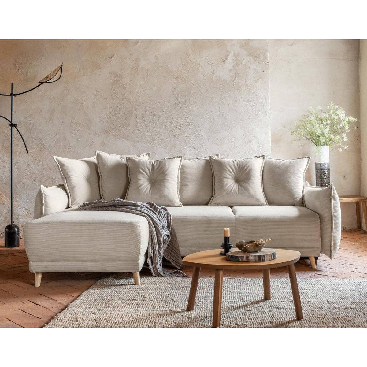 BEST MOBILIER Lena - canapé d'angle réversible 4 places - convertible avec coffre - en velours côtelé