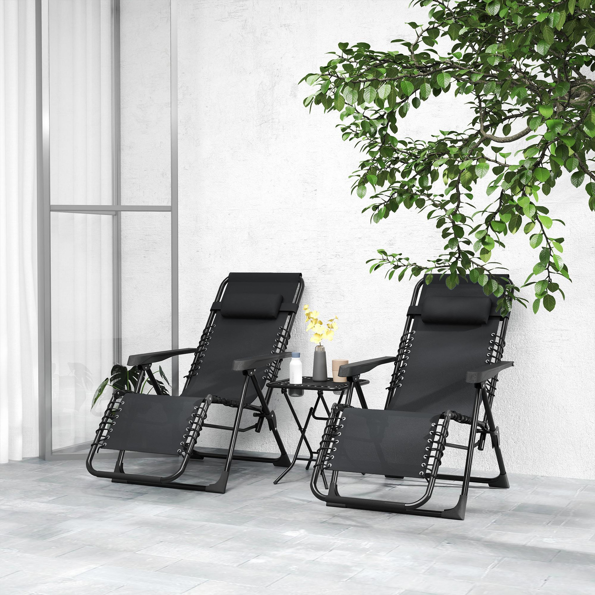 Voir la diapositive 4 : OUTSUNNY Lot de 2 chaises longues pliables inclinables zéro gravité avec table d'appoint métal textilène noir