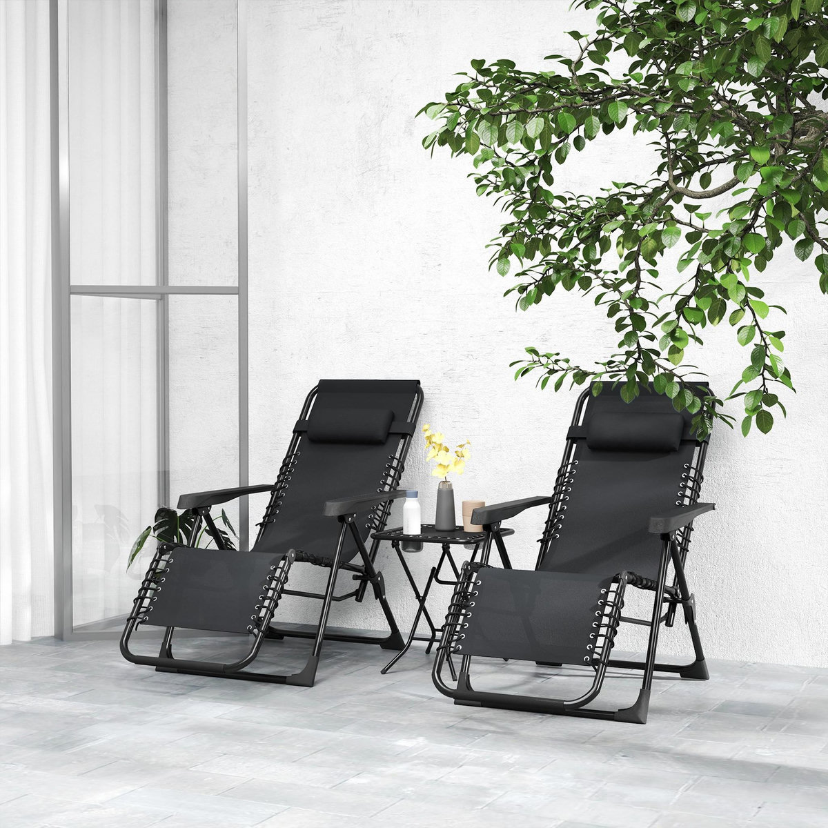 OUTSUNNY Lot de 2 chaises longues pliables inclinables zéro gravité avec table d'appoint métal textilène noir