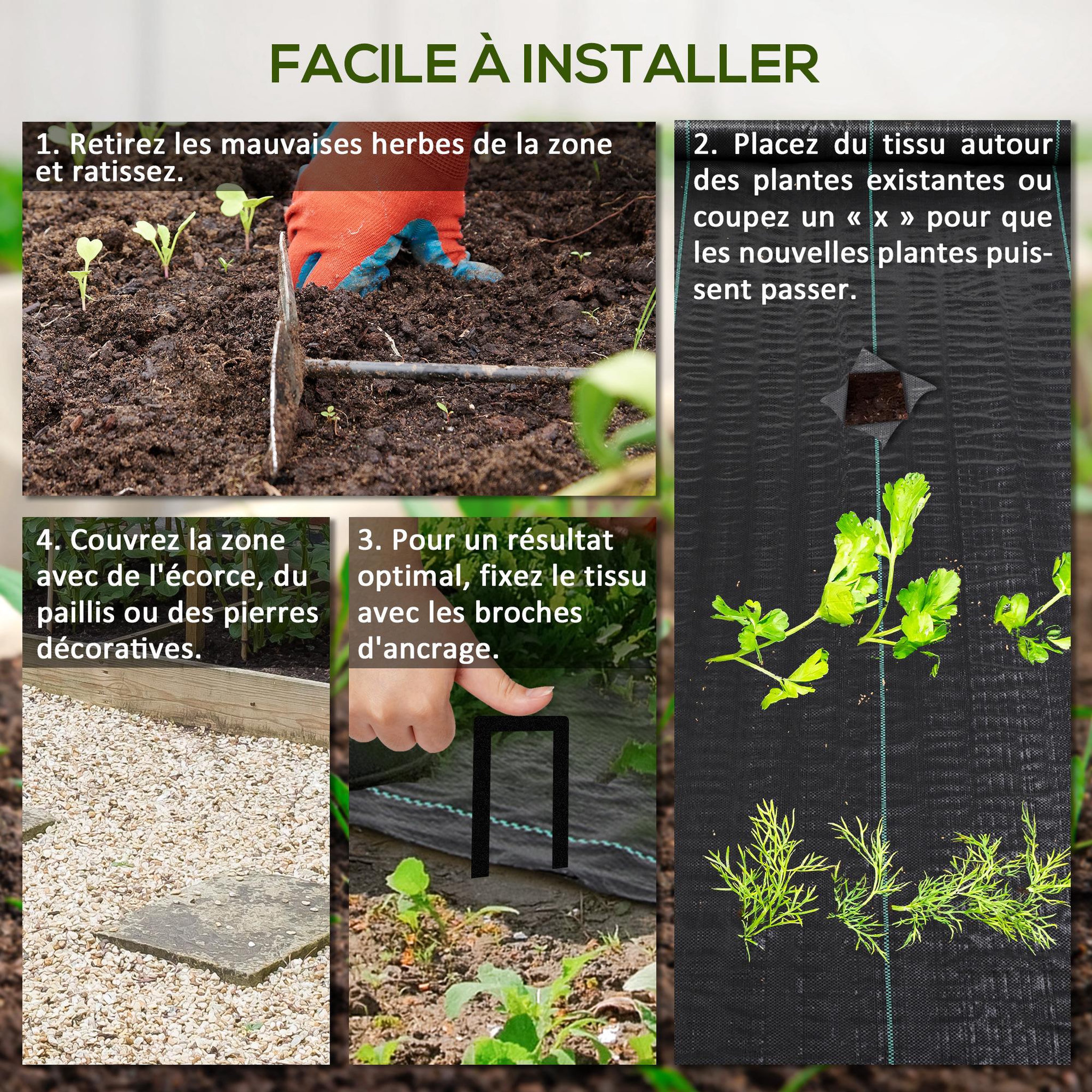 Voir la diapositive 5 : OUTSUNNY Toile de paillage anti mauvaises herbes indéchirable perméable anti UV - 100 x 2 m - PP haute densité 60 g/m²noir vert