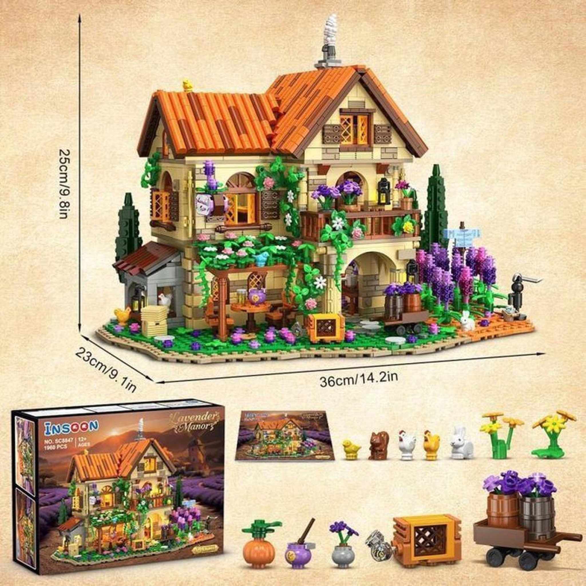 Voir la diapositive 6 : Coffret maison romantique violet Lavande Manor INSOON à 2 LED, 1960 pièces, modèle traditionnel en ABS, 3 étages, convient dès 12 ans