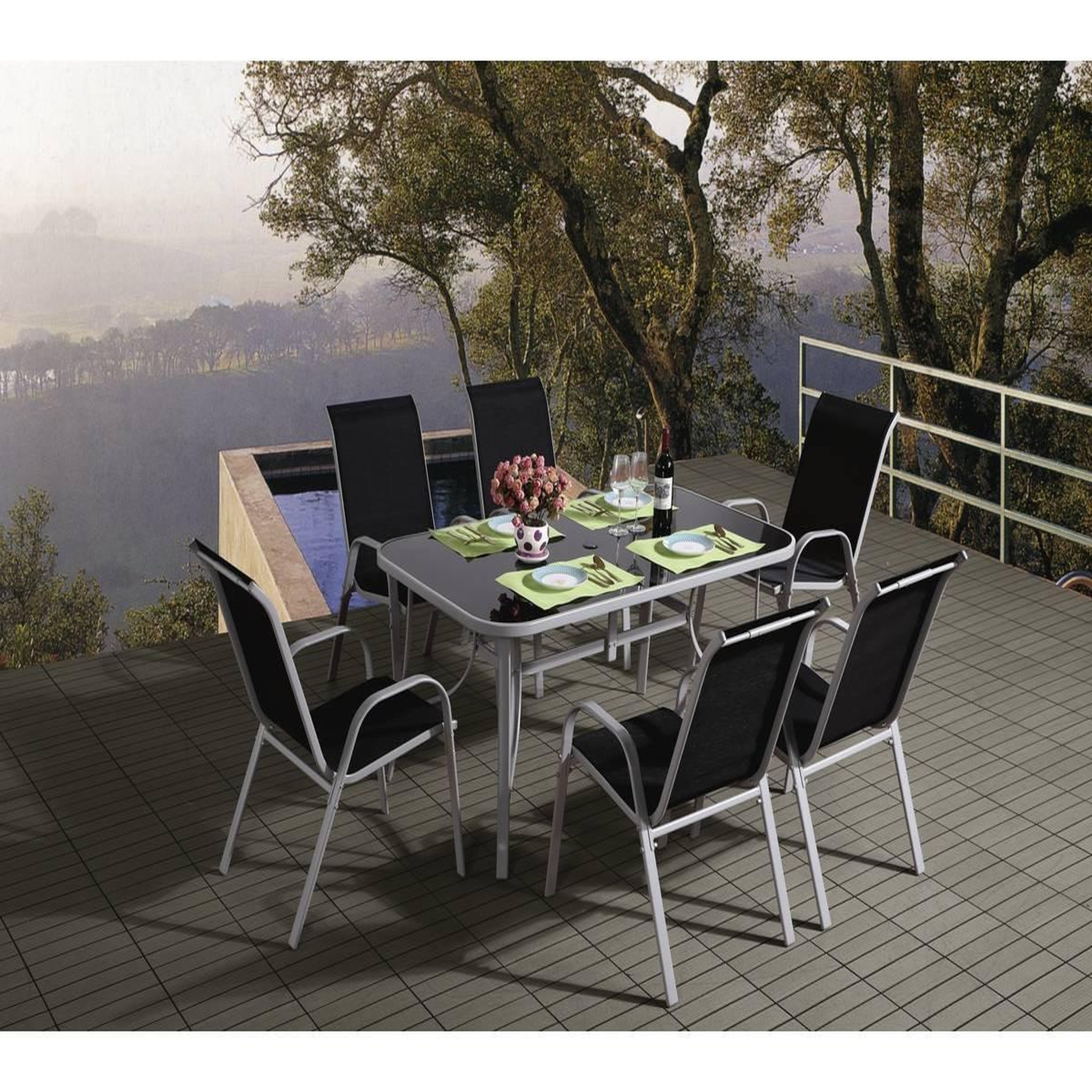 Voir la diapositive 2 : Habitat et Jardin Table et chaises de jardin en textilène  cordoba  - phoenix - 6 places - noir