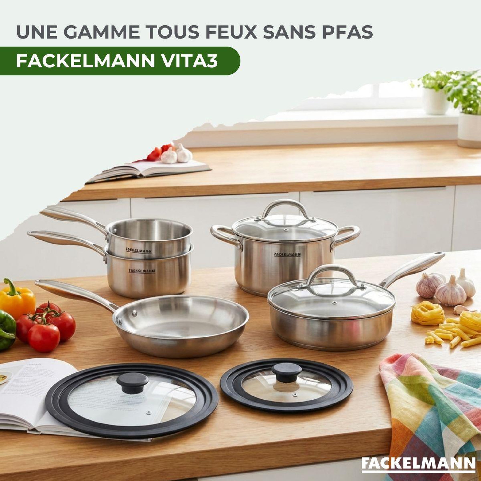 Voir la diapositive 2 : Fackelmann Poêles à Frire 24 cm, Casseroles 14 et 18 cm, Faitout 20 cm, Sauteuse 24 cm inox 18/10 Triply et 2 couvercles Fackelmann Vita3